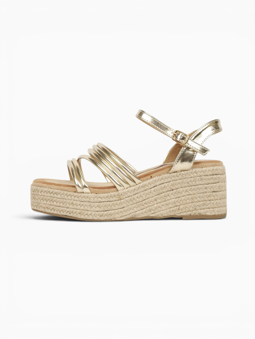 Sandalias de Cuña 6cm Doradas con Plataforma de Yute, Tiras Metálicas Múltiples y Pulsera al Tobillo para Eventos, Invitadas, Vacaciones y Looks de Verano