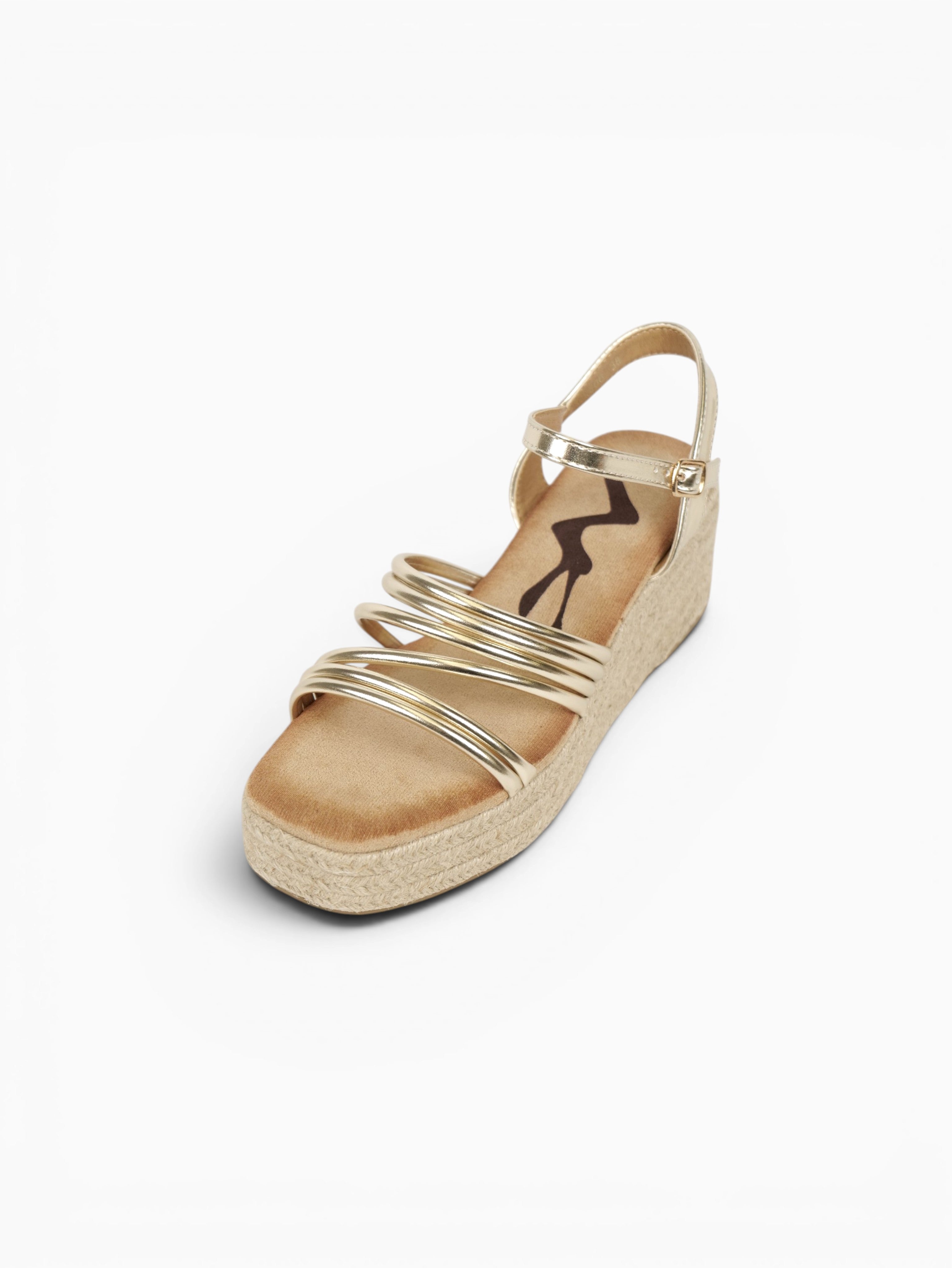 Sandalias de Cuña 6cm Doradas con Plataforma de Yute, Tiras Metálicas Múltiples y Pulsera al Tobillo para Eventos, Invitadas, Vacaciones y Looks de Verano