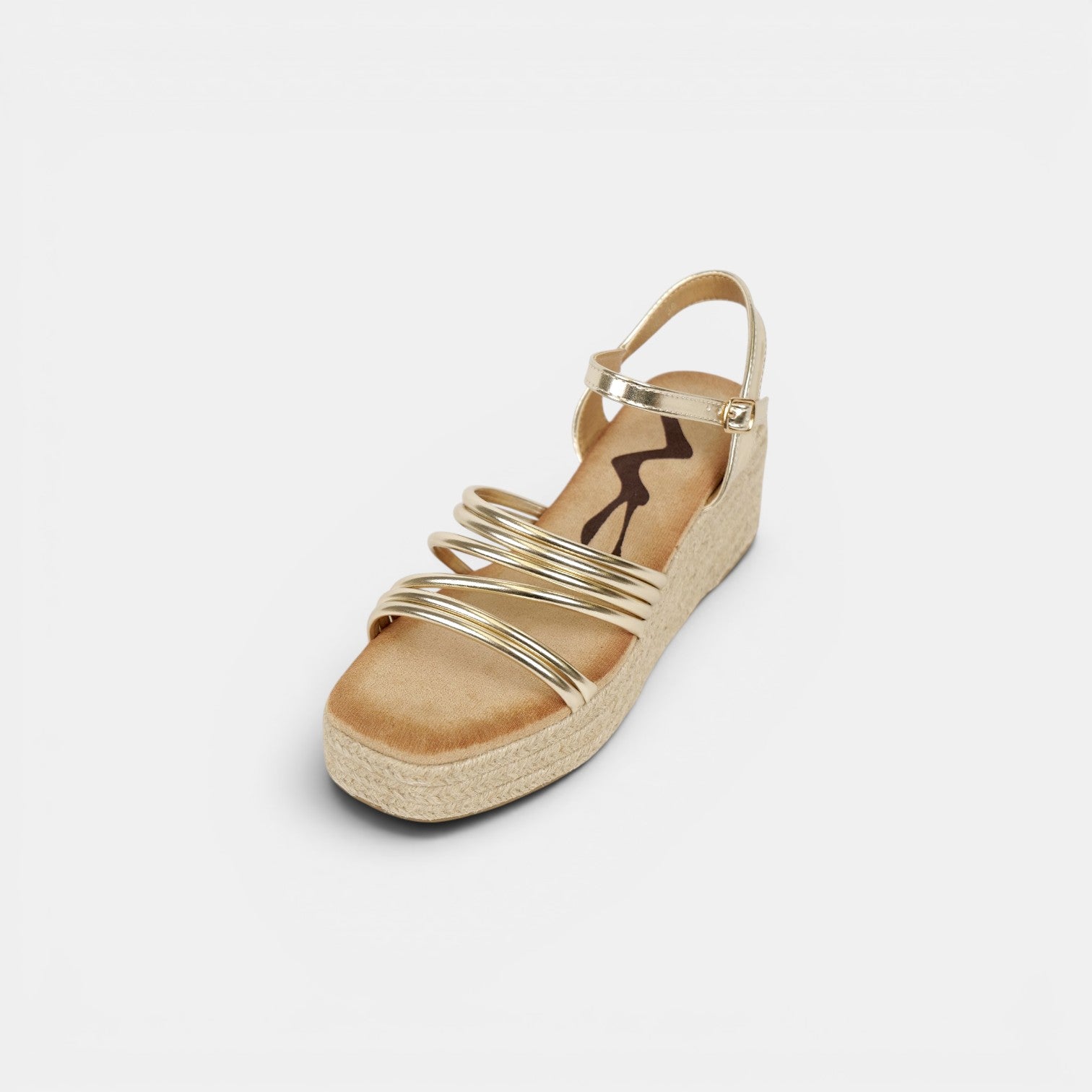Sandalias de Cuña 6cm Doradas con Plataforma de Yute, Tiras Metálicas Múltiples y Pulsera al Tobillo para Eventos, Invitadas, Vacaciones y Looks de Verano