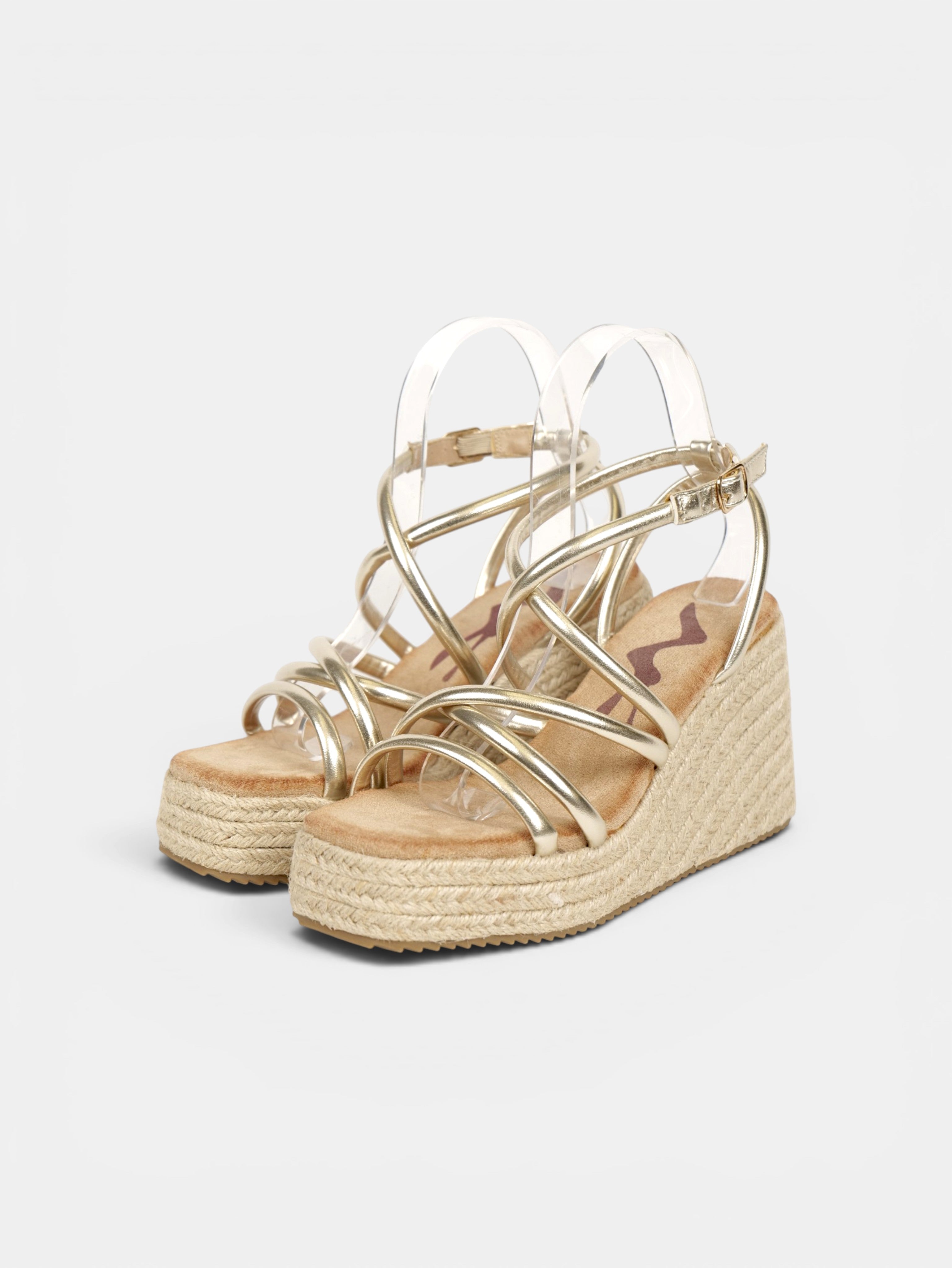 Sandalias de Cuña Doradas 10cm con Plataforma de Yute, Tiras Cruzadas Metalizadas y Cierre al Tobillo para Eventos, Bodas, Vacaciones y Looks de Verano