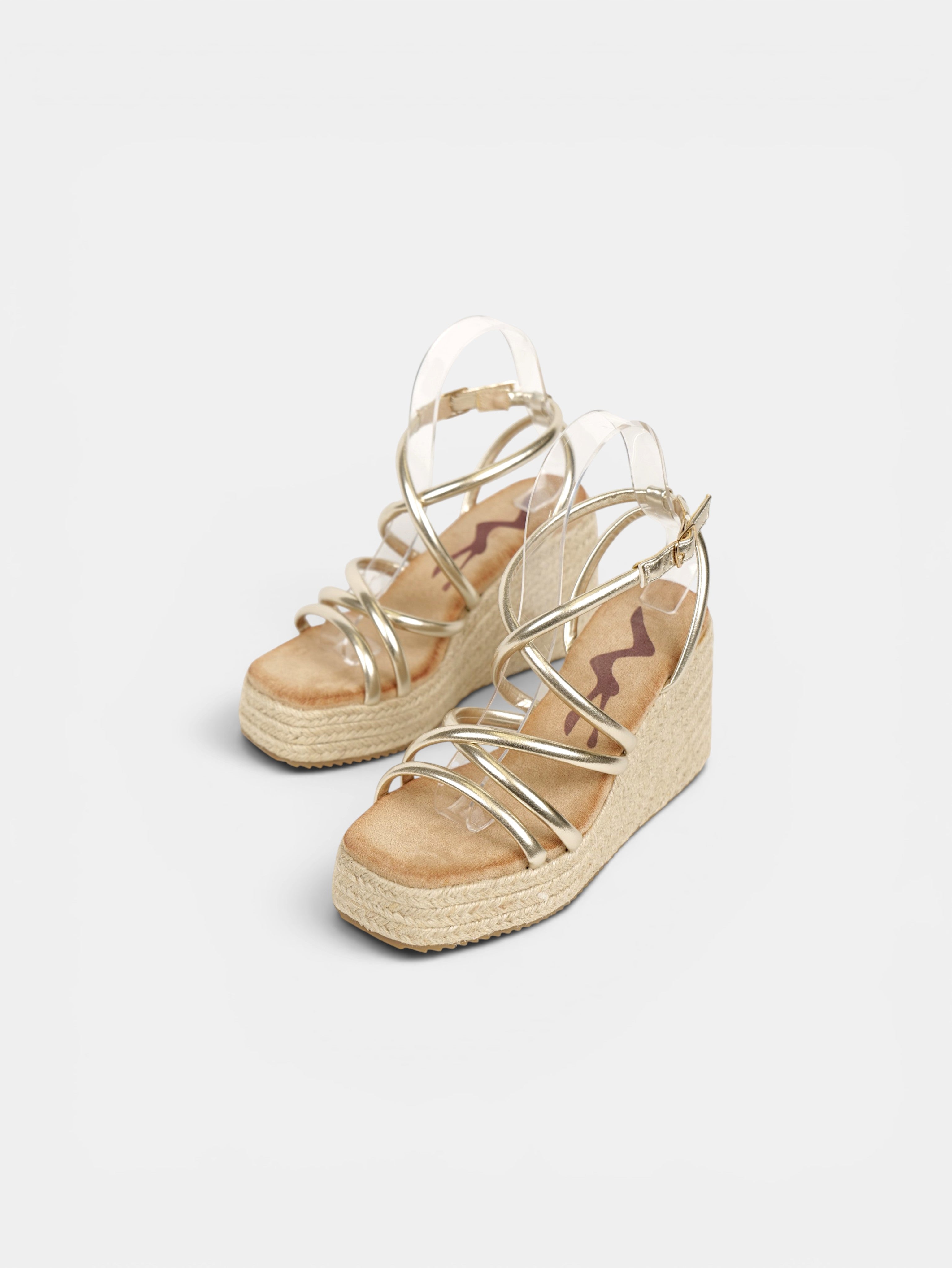 Sandalias de Cuña Doradas 10cm con Plataforma de Yute, Tiras Cruzadas Metalizadas y Cierre al Tobillo para Eventos, Bodas, Vacaciones y Looks de Verano