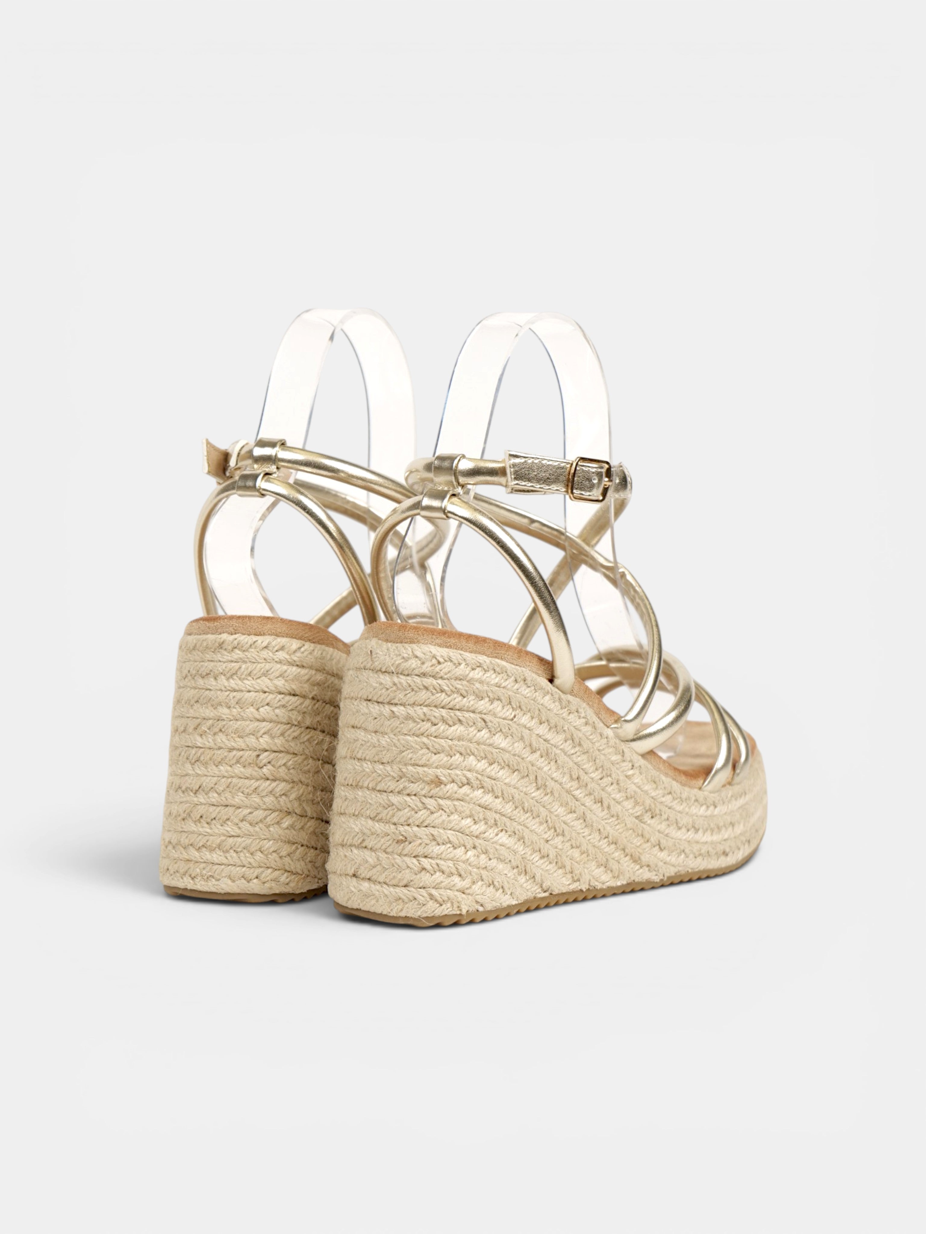 Sandalias de Cuña Doradas 10cm con Plataforma de Yute, Tiras Cruzadas Metalizadas y Cierre al Tobillo para Eventos, Bodas, Vacaciones y Looks de Verano