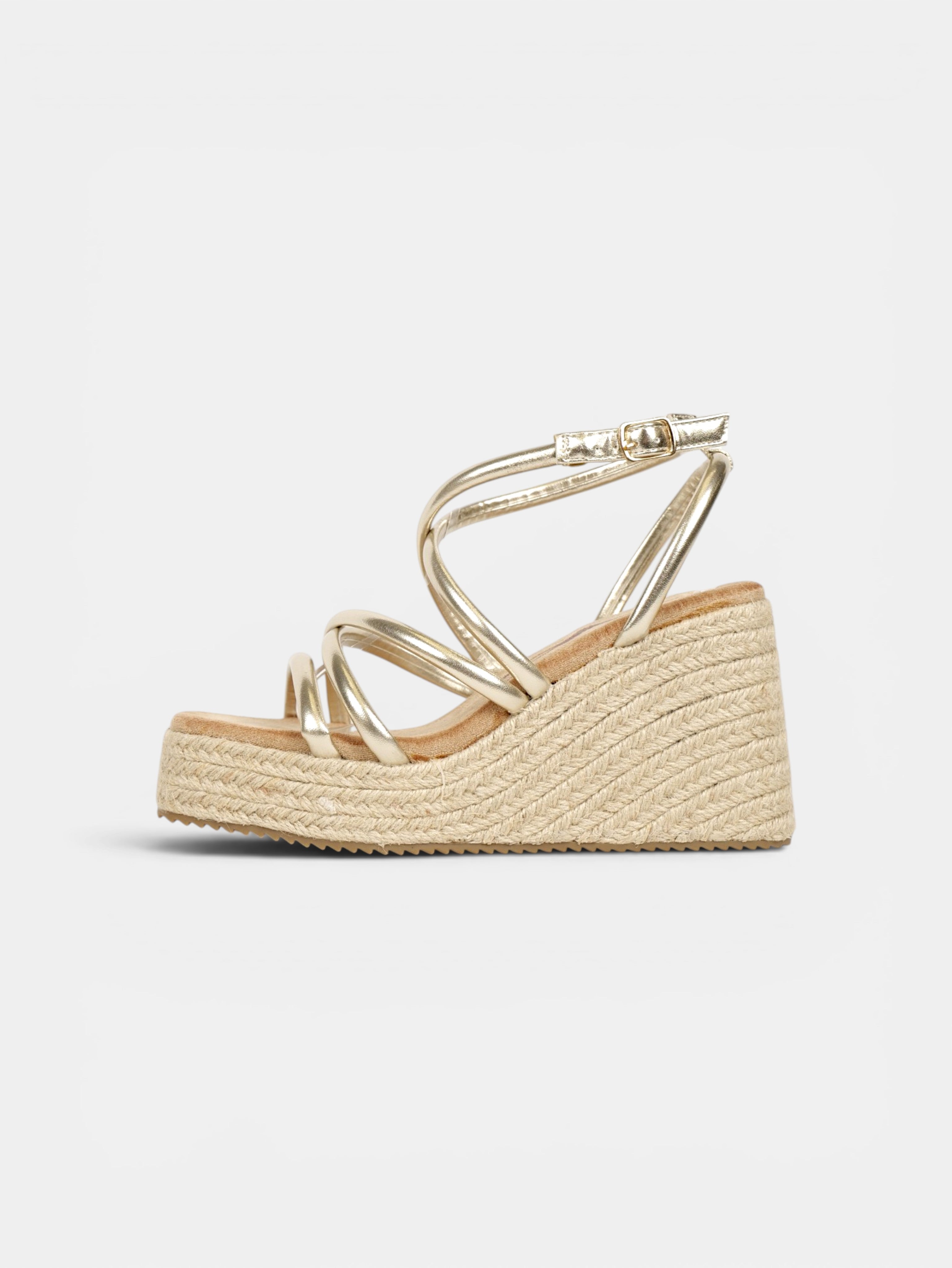 Sandalias de Cuña Doradas 10cm con Plataforma de Yute, Tiras Cruzadas Metalizadas y Cierre al Tobillo para Eventos, Bodas, Vacaciones y Looks de Verano