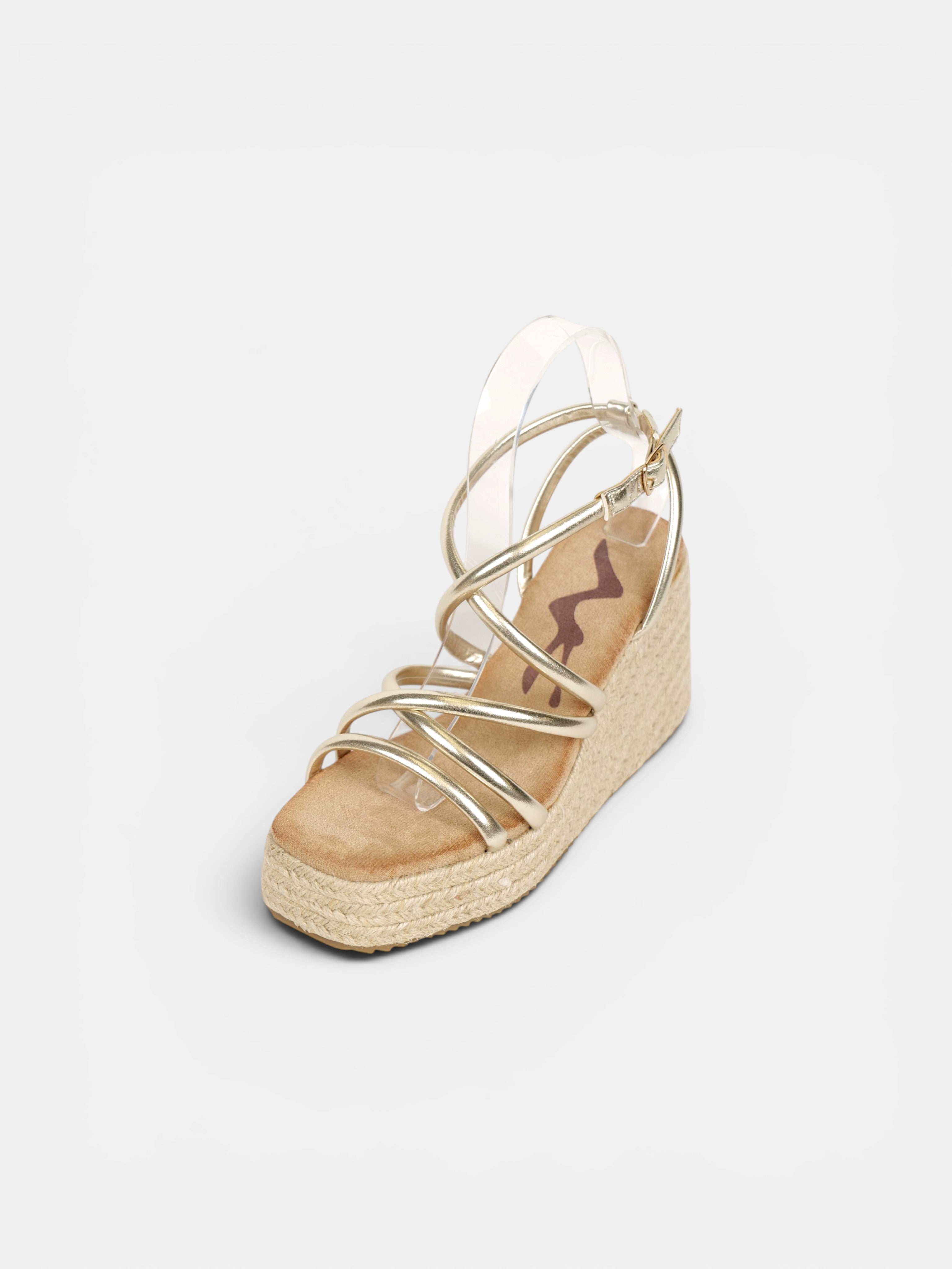 Sandalias de Cuña Doradas 10cm con Plataforma de Yute, Tiras Cruzadas Metalizadas y Cierre al Tobillo para Eventos, Bodas, Vacaciones y Looks de Verano