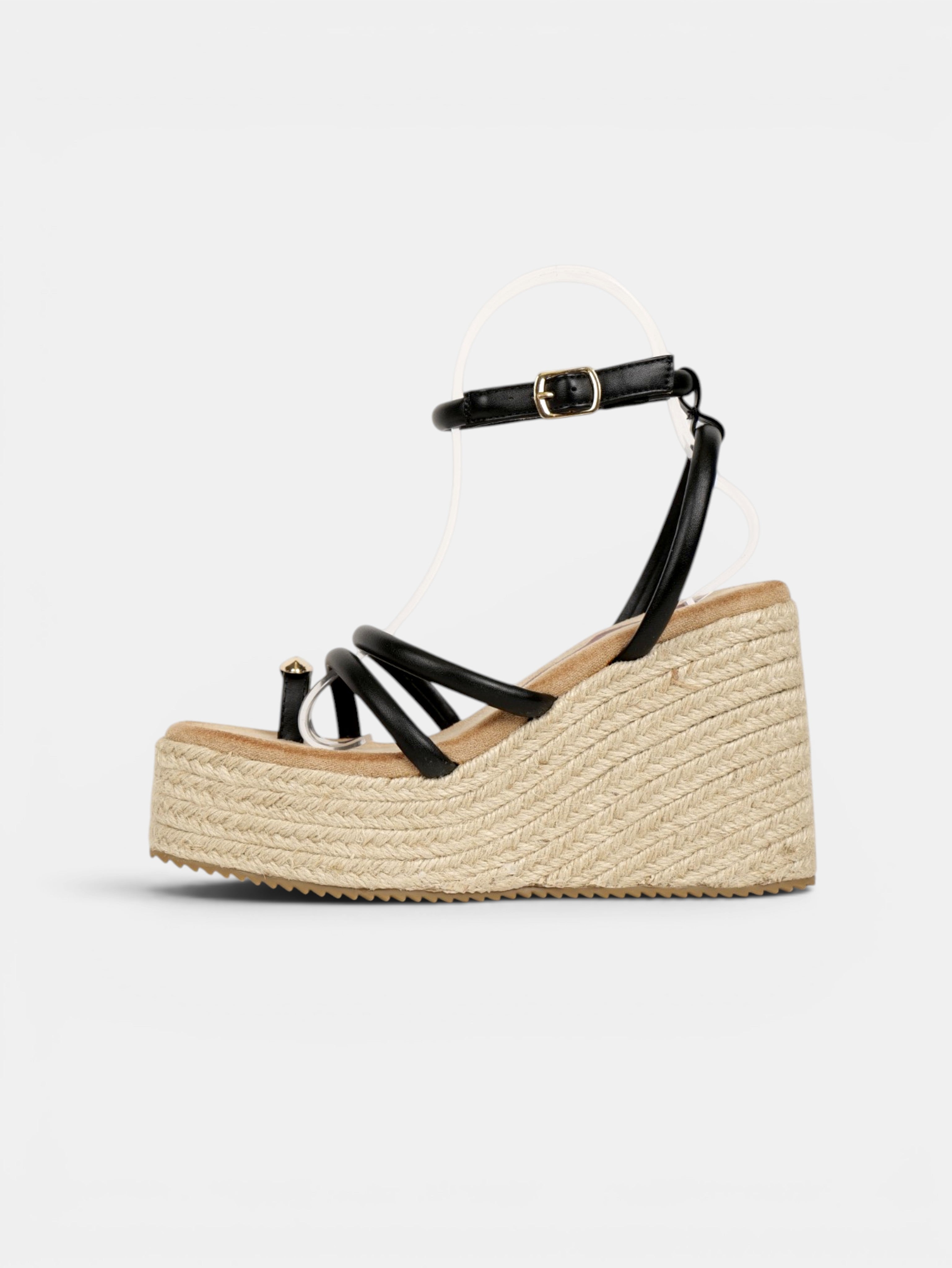 Sandalias de Cuña Anillo dorado en el Dedo, Plataforma de Esparto, Tiras Finas Redondas y Pulsera al Tobillo para Vestidos, Faldas y Pantalón de Lino