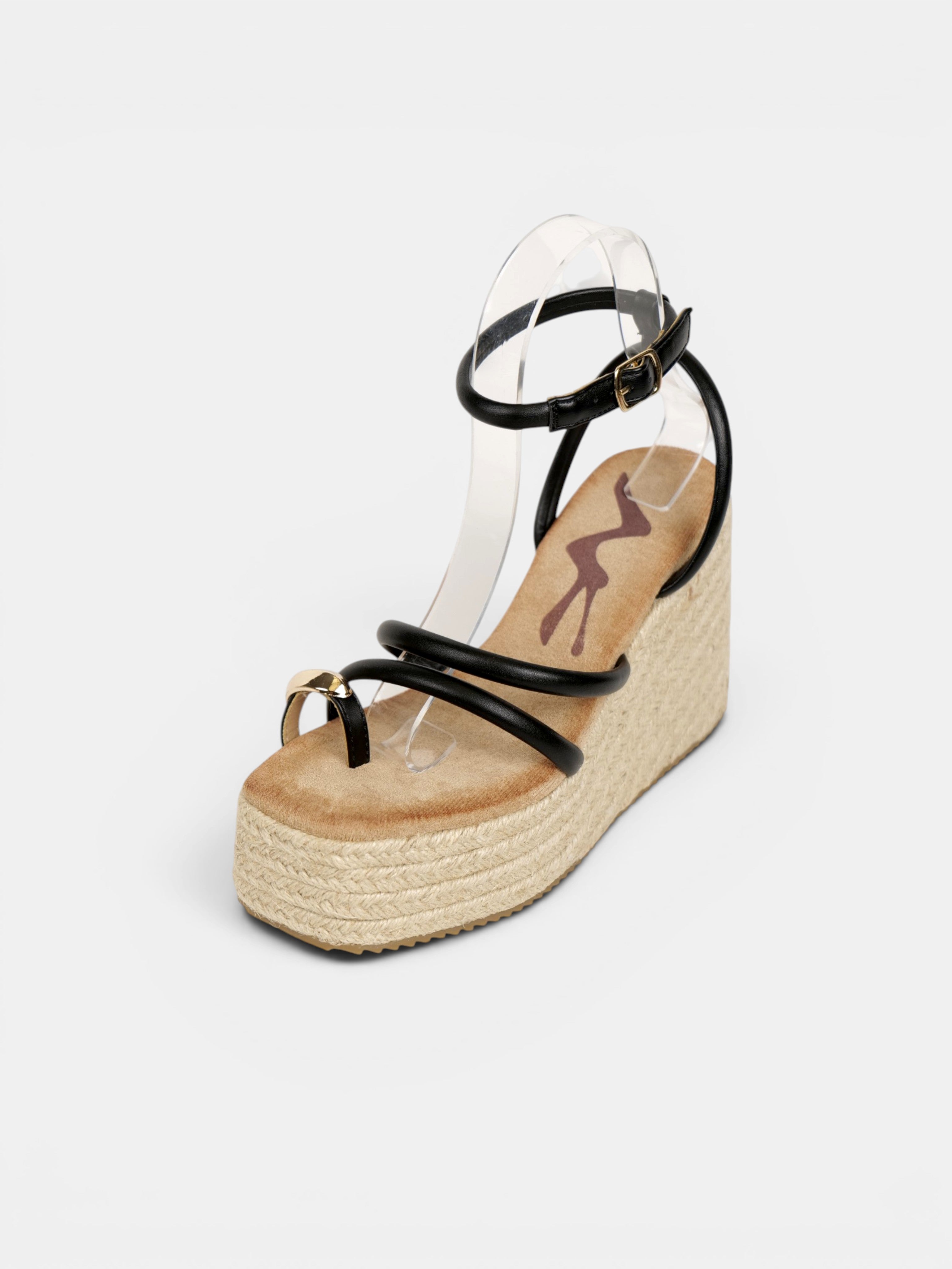 Sandalias de Cuña Anillo dorado en el Dedo, Plataforma de Esparto, Tiras Finas Redondas y Pulsera al Tobillo para Vestidos, Faldas y Pantalón de Lino