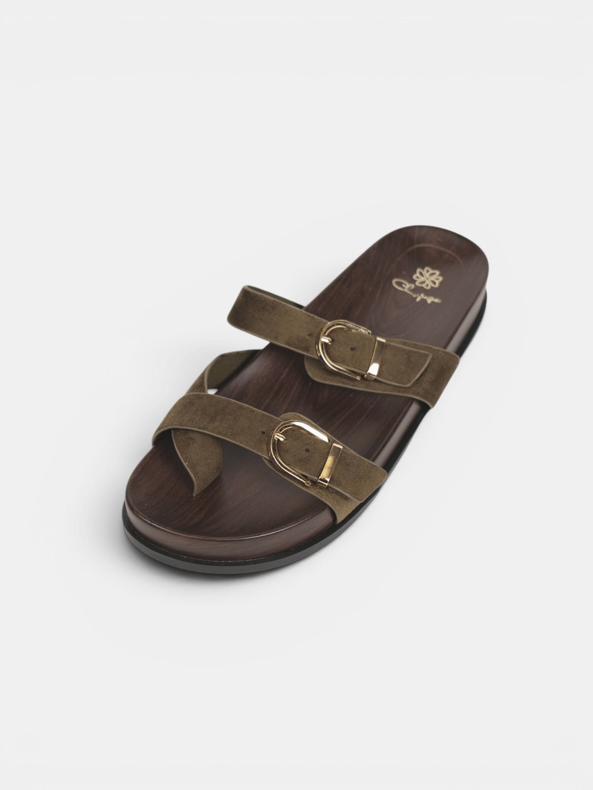 Sandalias Planas Doble Tira con Separación para el Dedo, Doble Hebilla Dorada y Plantilla Efecto Madera para Verano, Vacaciones y Looks Casuales