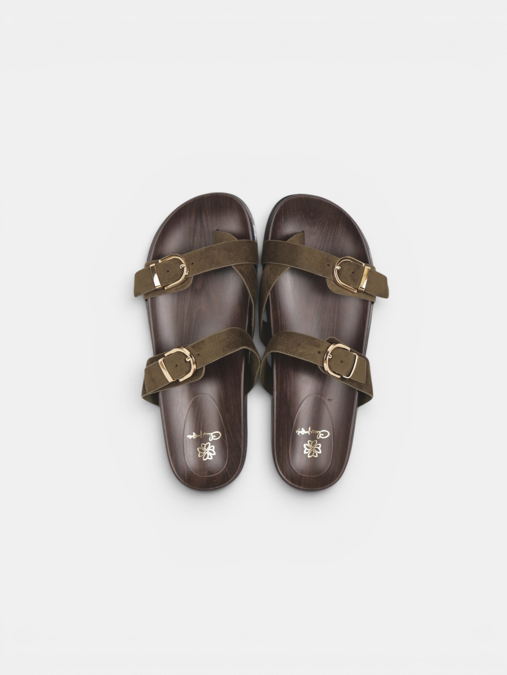 Sandalias Planas Doble Tira con Separación para el Dedo, Doble Hebilla Dorada y Plantilla Efecto Madera para Verano, Vacaciones y Looks Casuales