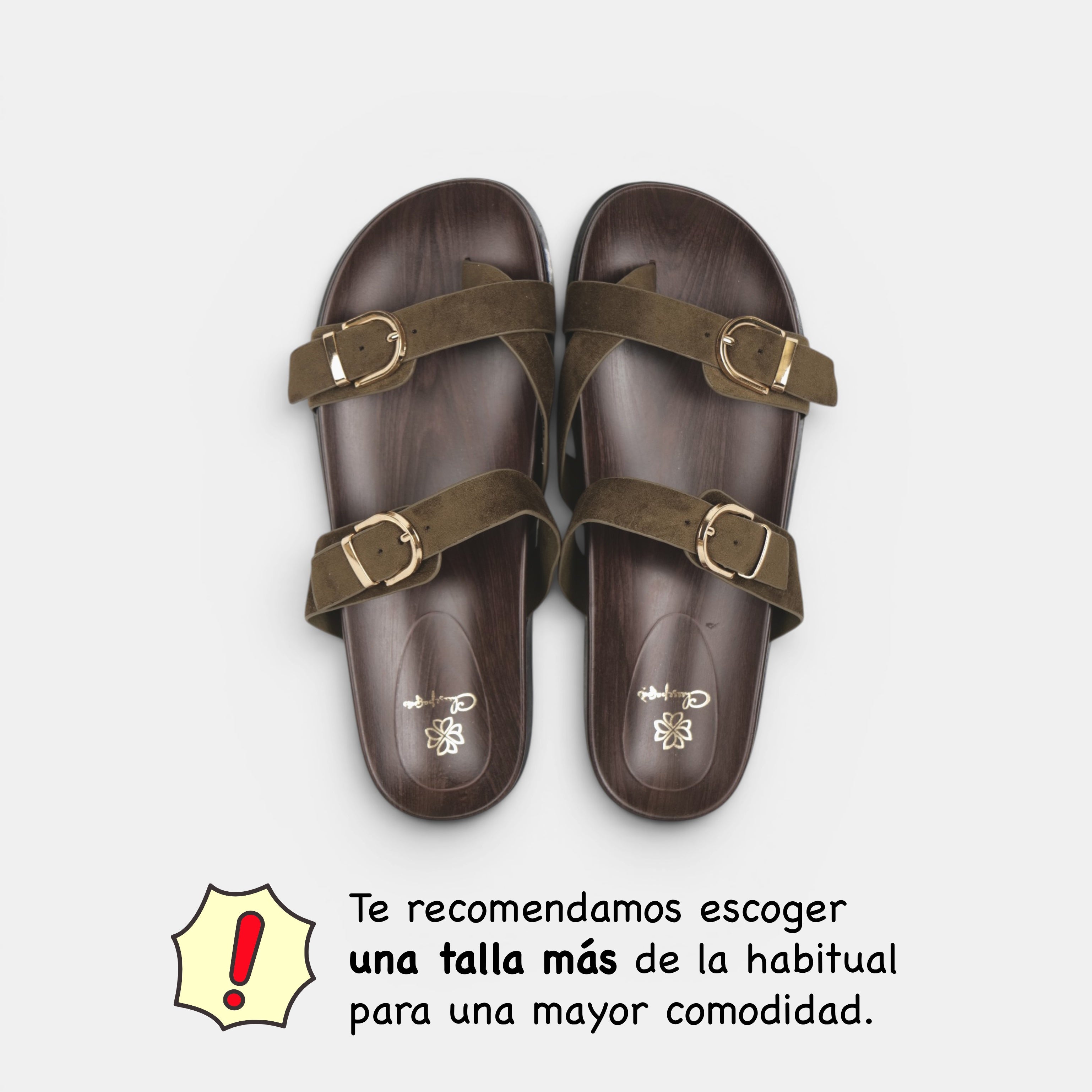 Sandalias Planas Doble Tira con Separación para el Dedo, Doble Hebilla Dorada y Plantilla Efecto Madera para Verano, Vacaciones y Looks Casuales