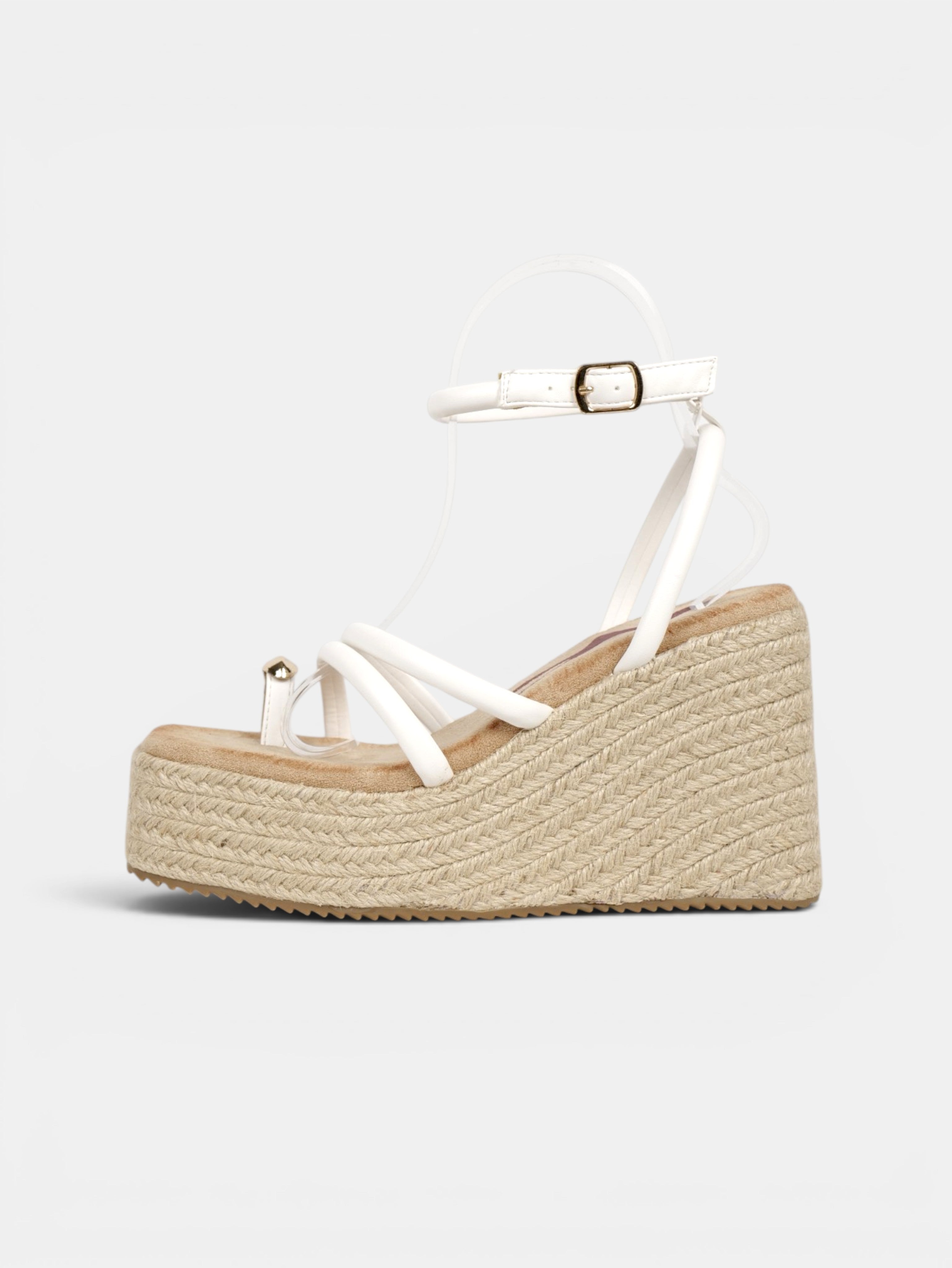 Sandalias de Cuña Anillo dorado en el Dedo, Plataforma de Esparto, Tiras Finas Redondas y Pulsera al Tobillo para Vestidos, Faldas y Pantalón de Lino