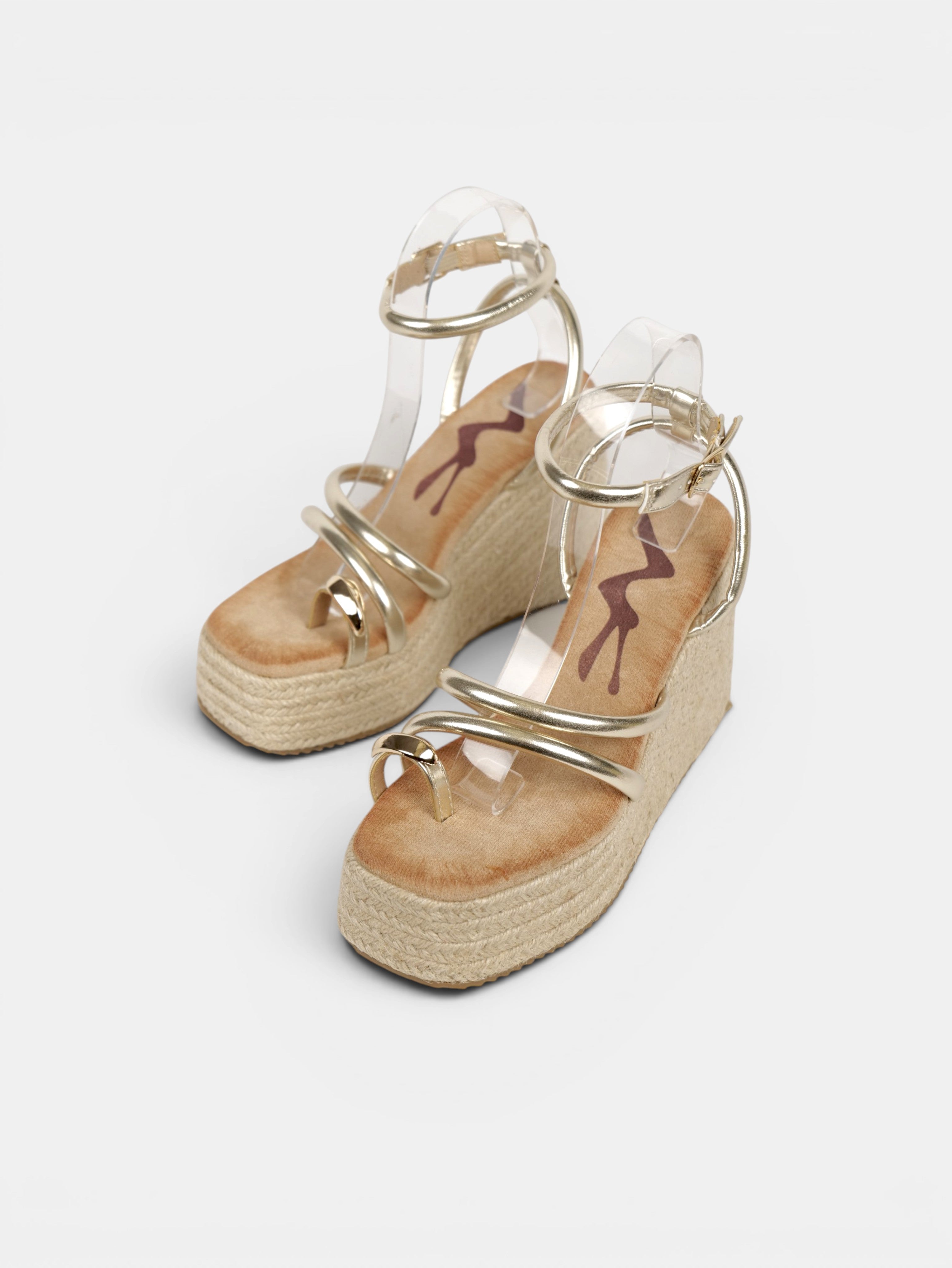 Sandalias de Cuña Anillo dorado en el Dedo, Plataforma de Esparto, Tiras Finas Redondas y Pulsera al Tobillo para Vestidos, Faldas y Pantalón de Lino