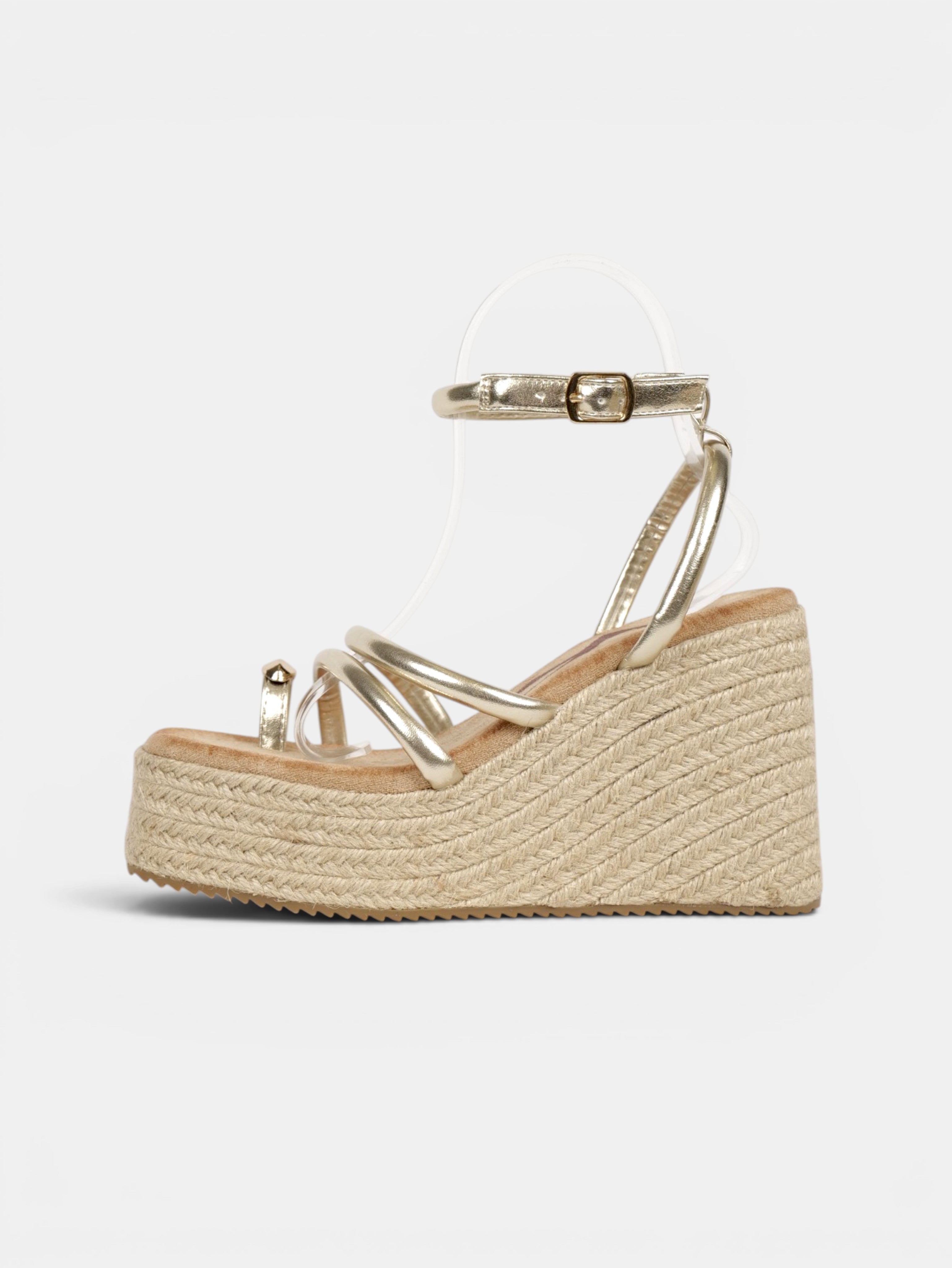 Sandalias de Cuña Anillo dorado en el Dedo, Plataforma de Esparto, Tiras Finas Redondas y Pulsera al Tobillo para Vestidos, Faldas y Pantalón de Lino