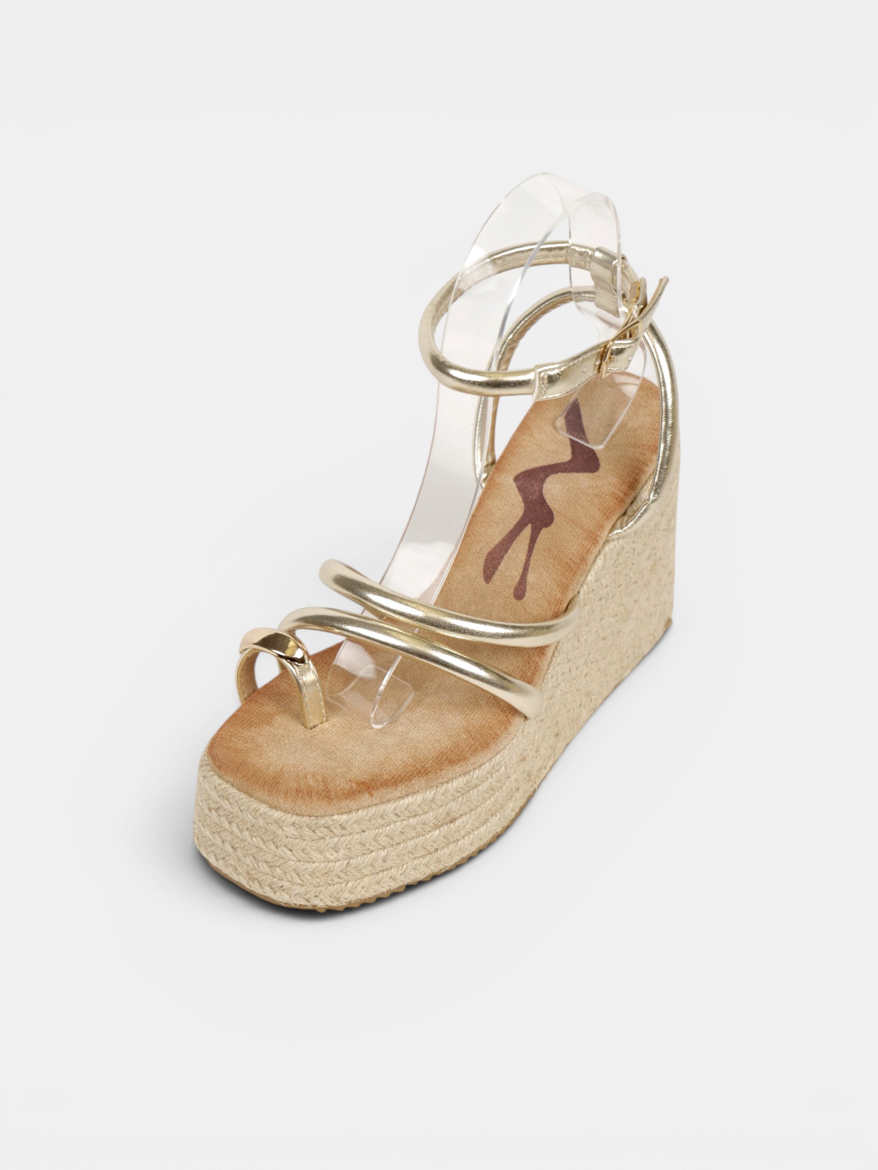 Sandalias de Cuña Anillo dorado en el Dedo, Plataforma de Esparto, Tiras Finas Redondas y Pulsera al Tobillo para Vestidos, Faldas y Pantalón de Lino