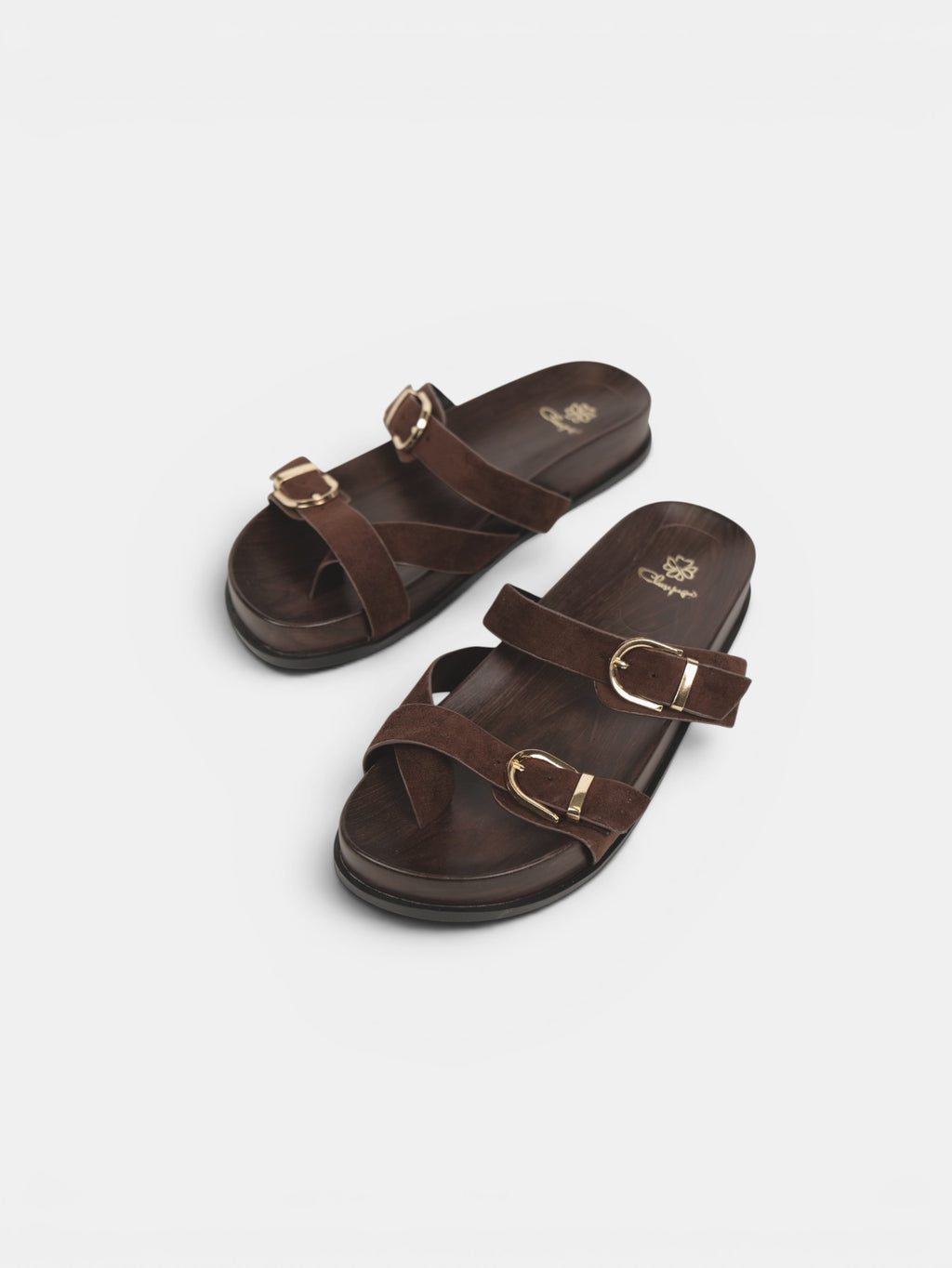 Sandalias Planas Mujer con Separación para el Dedo, Doble Hebilla Dorada y Plantilla Efecto Madera para Verano, Vacaciones y Looks Casuales