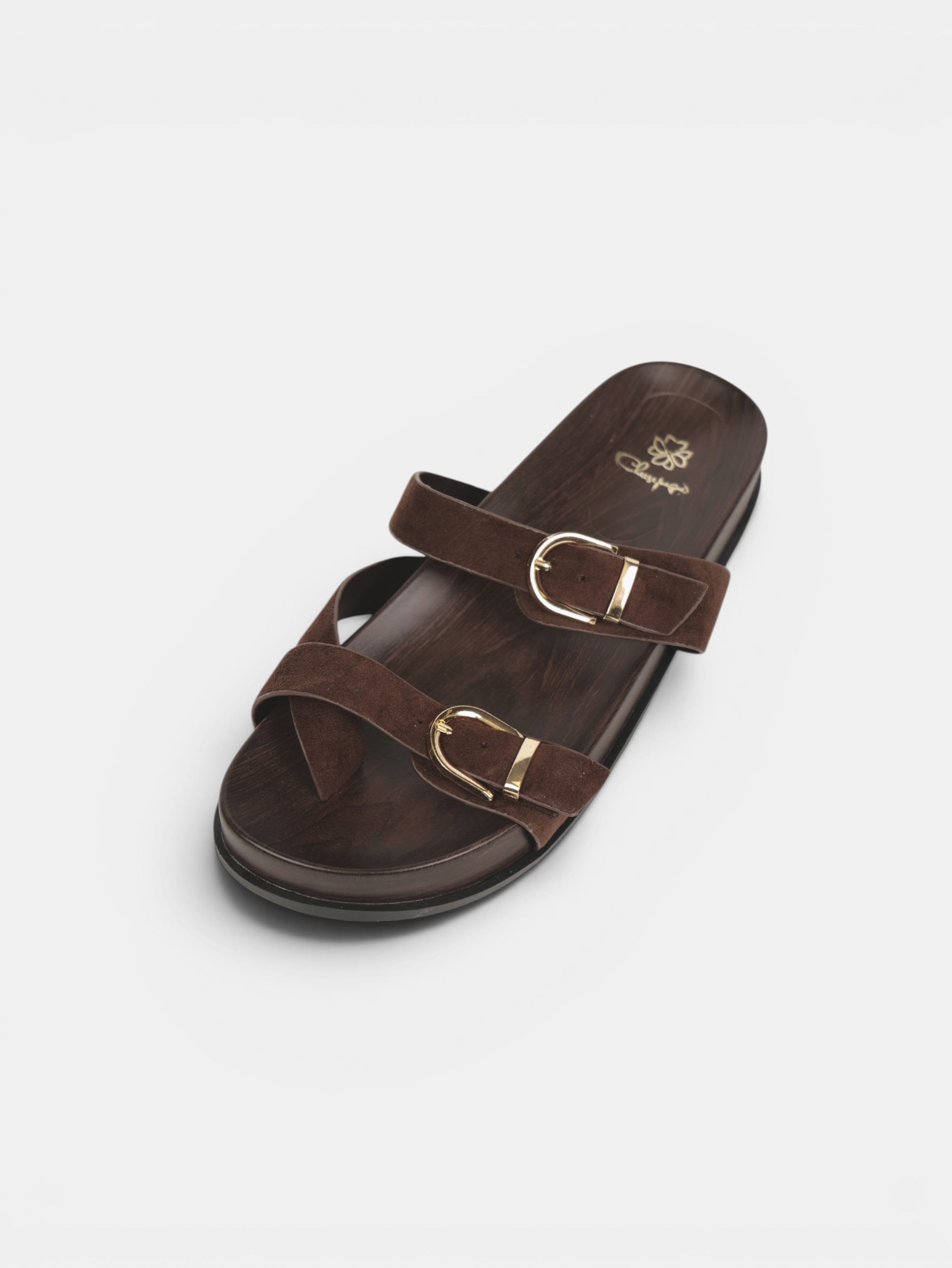 Sandalias Planas Doble Tira con Separación para el Dedo, Doble Hebilla Dorada y Plantilla Efecto Madera para Verano, Vacaciones y Looks Casuales