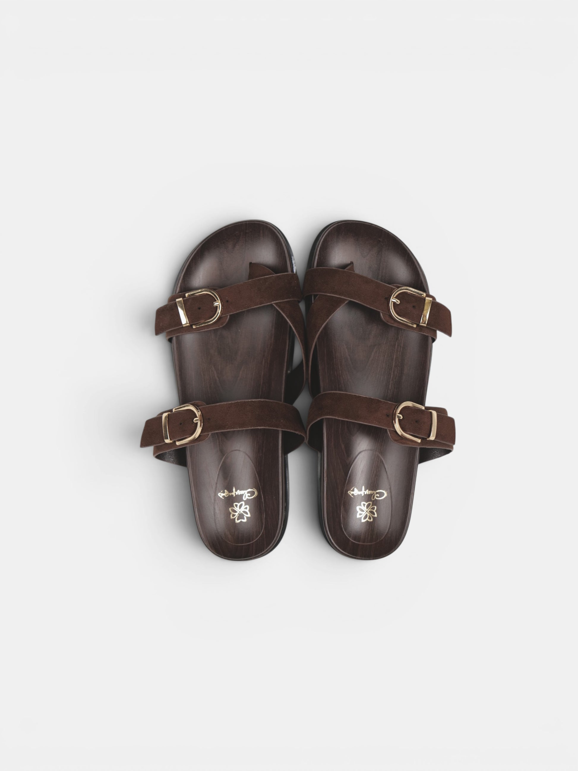 Sandalias Planas Mujer con Separación para el Dedo, Doble Hebilla Dorada y Plantilla Efecto Madera para Verano, Vacaciones y Looks Casuales