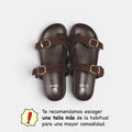 Sandalias Planas Doble Tira con Separación para el Dedo, Doble Hebilla Dorada y Plantilla Efecto Madera para Verano, Vacaciones y Looks Casuales