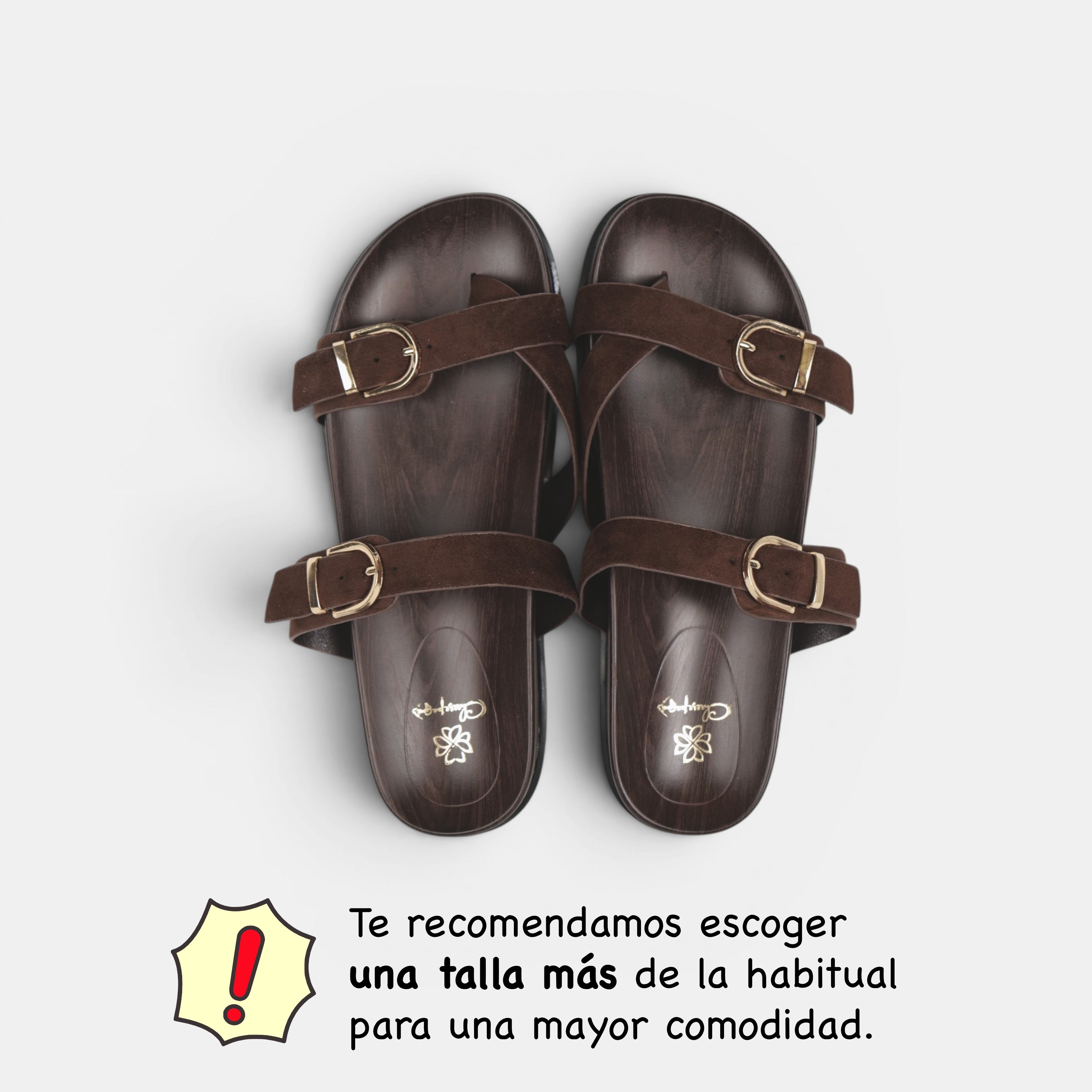Sandalias Planas Doble Tira con Separación para el Dedo, Doble Hebilla Dorada y Plantilla Efecto Madera para Verano, Vacaciones y Looks Casuales