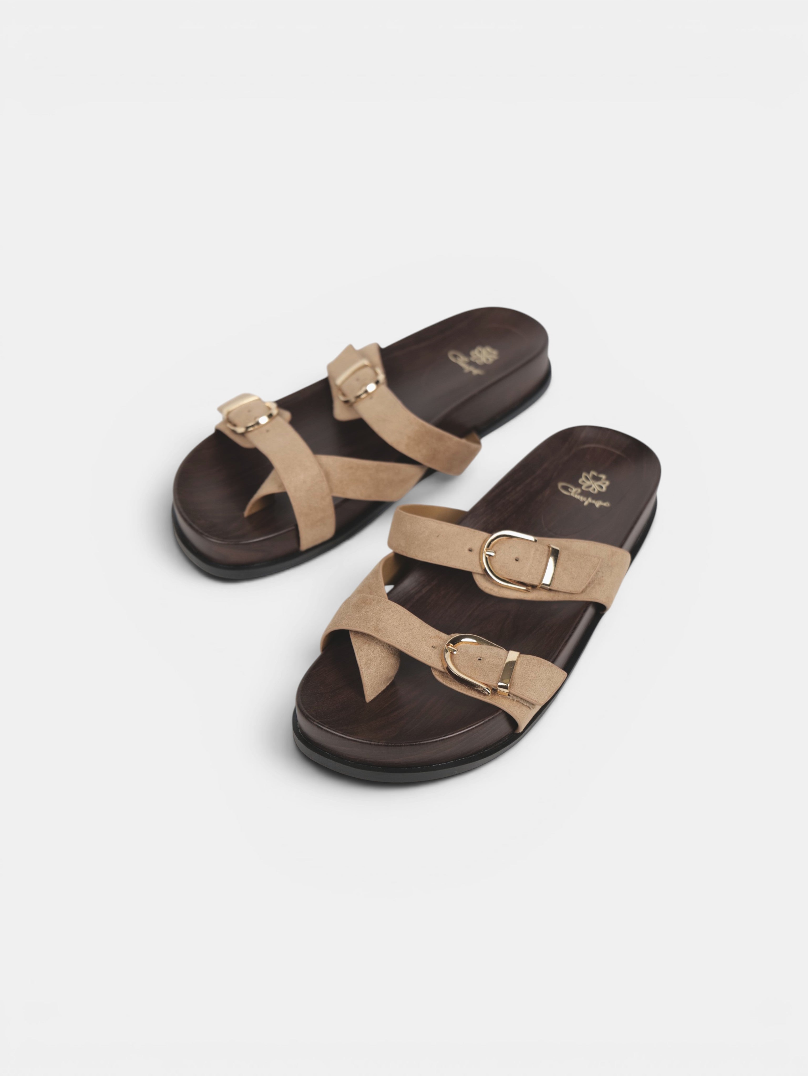Sandalias Planas Doble Tira con Separación para el Dedo, Doble Hebilla Dorada y Plantilla Efecto Madera para Verano, Vacaciones y Looks Casuales