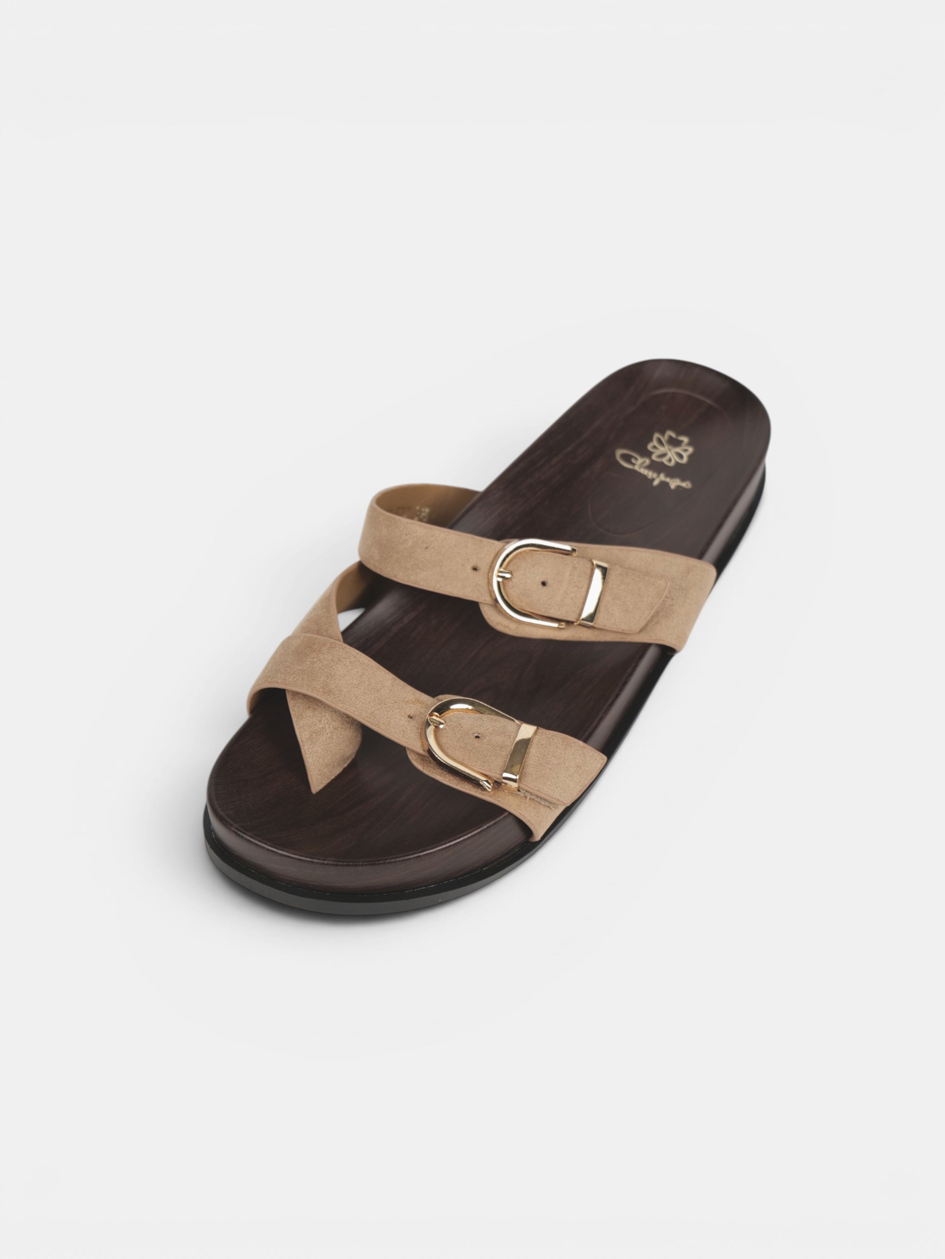 Sandalias Planas Doble Tira con Separación para el Dedo, Doble Hebilla Dorada y Plantilla Efecto Madera para Verano, Vacaciones y Looks Casuales