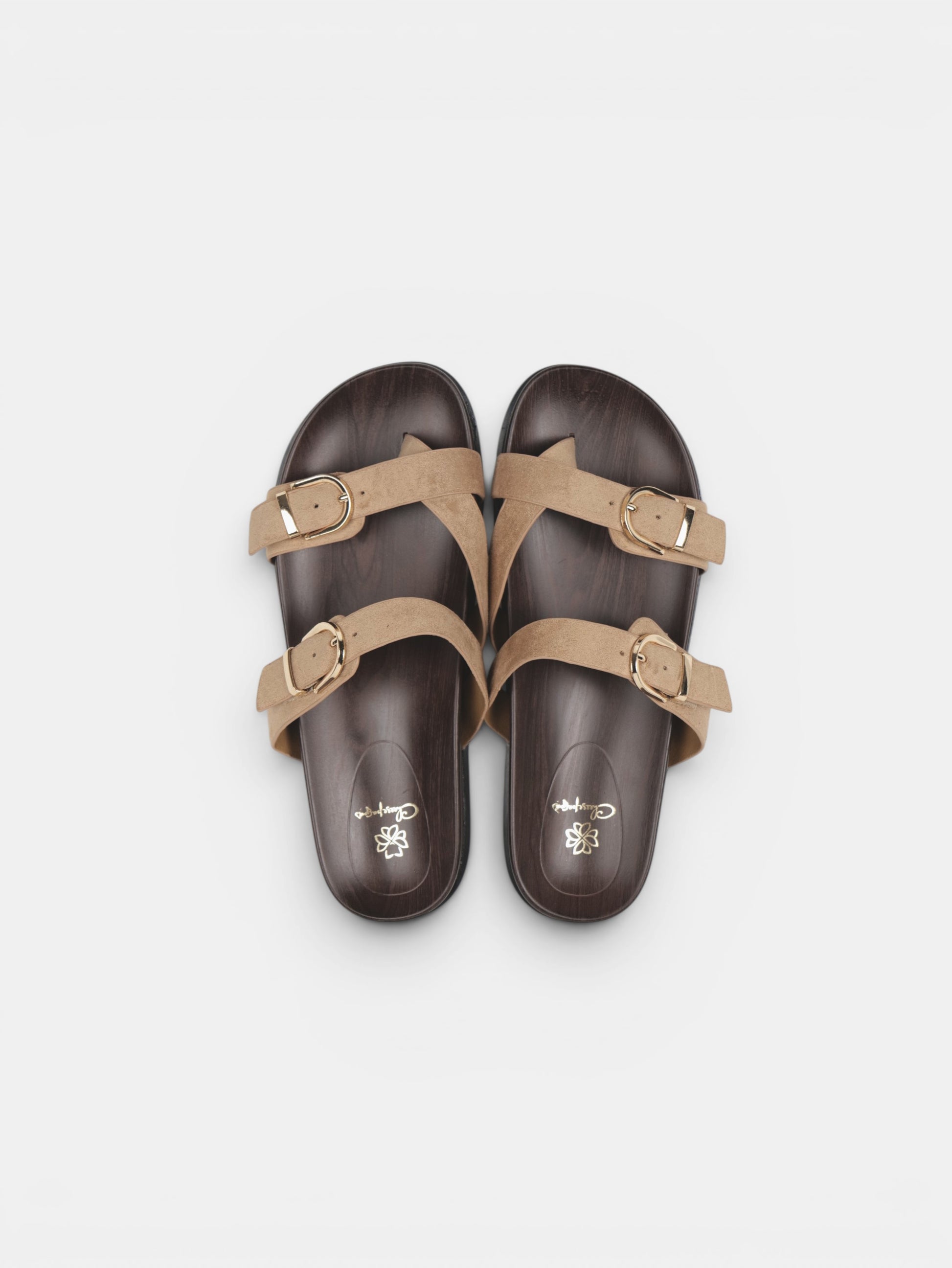 Sandalias Planas Doble Tira con Separación para el Dedo, Doble Hebilla Dorada y Plantilla Efecto Madera para Verano, Vacaciones y Looks Casuales