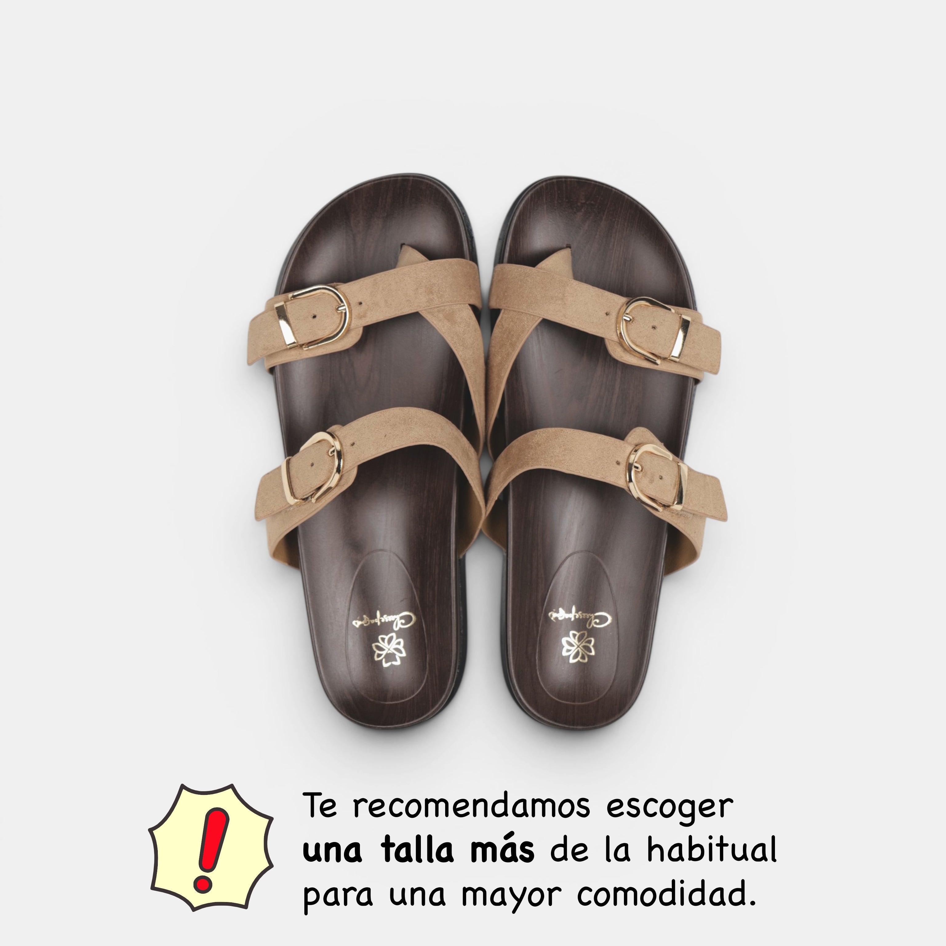 Sandalias Planas Doble Tira con Separación para el Dedo, Doble Hebilla Dorada y Plantilla Efecto Madera para Verano, Vacaciones y Looks Casuales