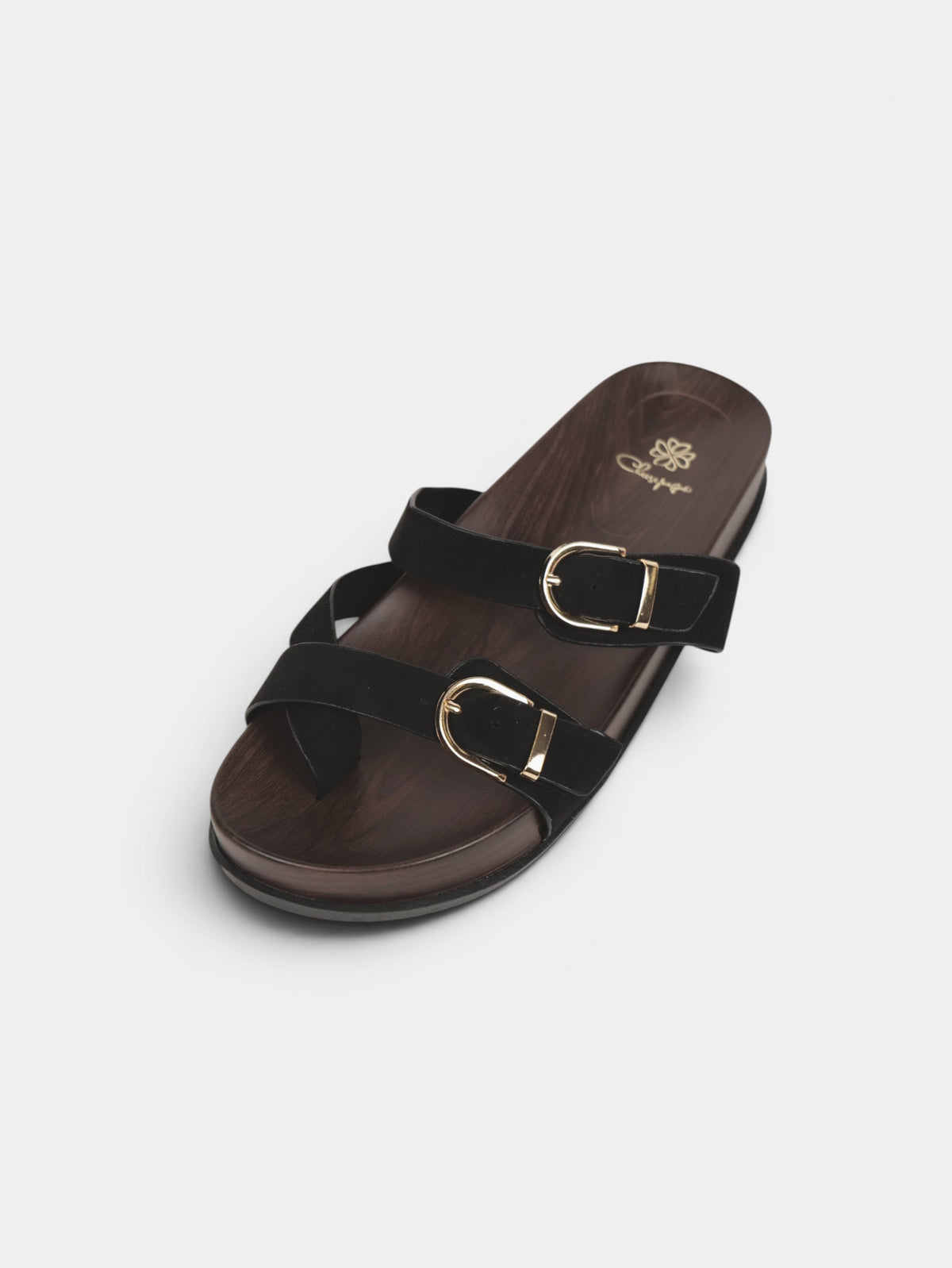 Sandalias Planas Doble Tira con Separación para el Dedo, Doble Hebilla Dorada y Plantilla Efecto Madera para Verano, Vacaciones y Looks Casuales