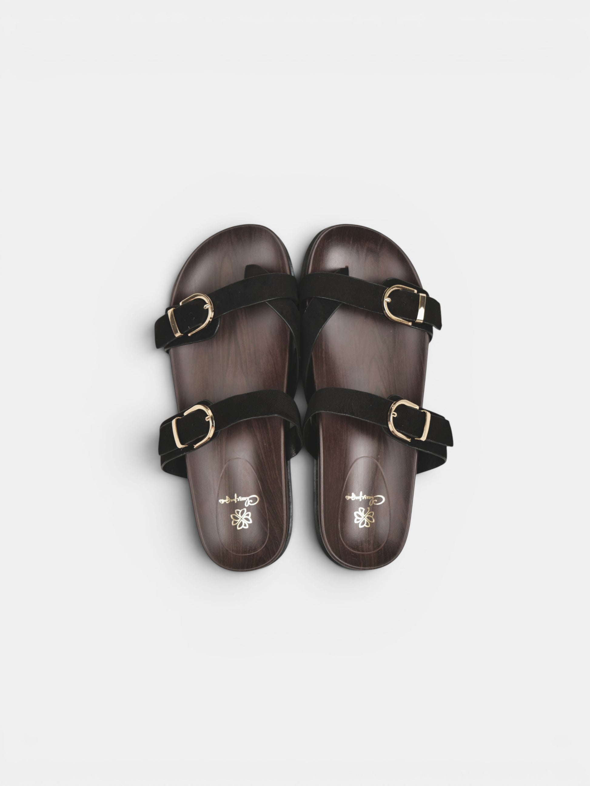 Sandalias Planas Doble Tira con Separación para el Dedo, Doble Hebilla Dorada y Plantilla Efecto Madera para Verano, Vacaciones y Looks Casuales