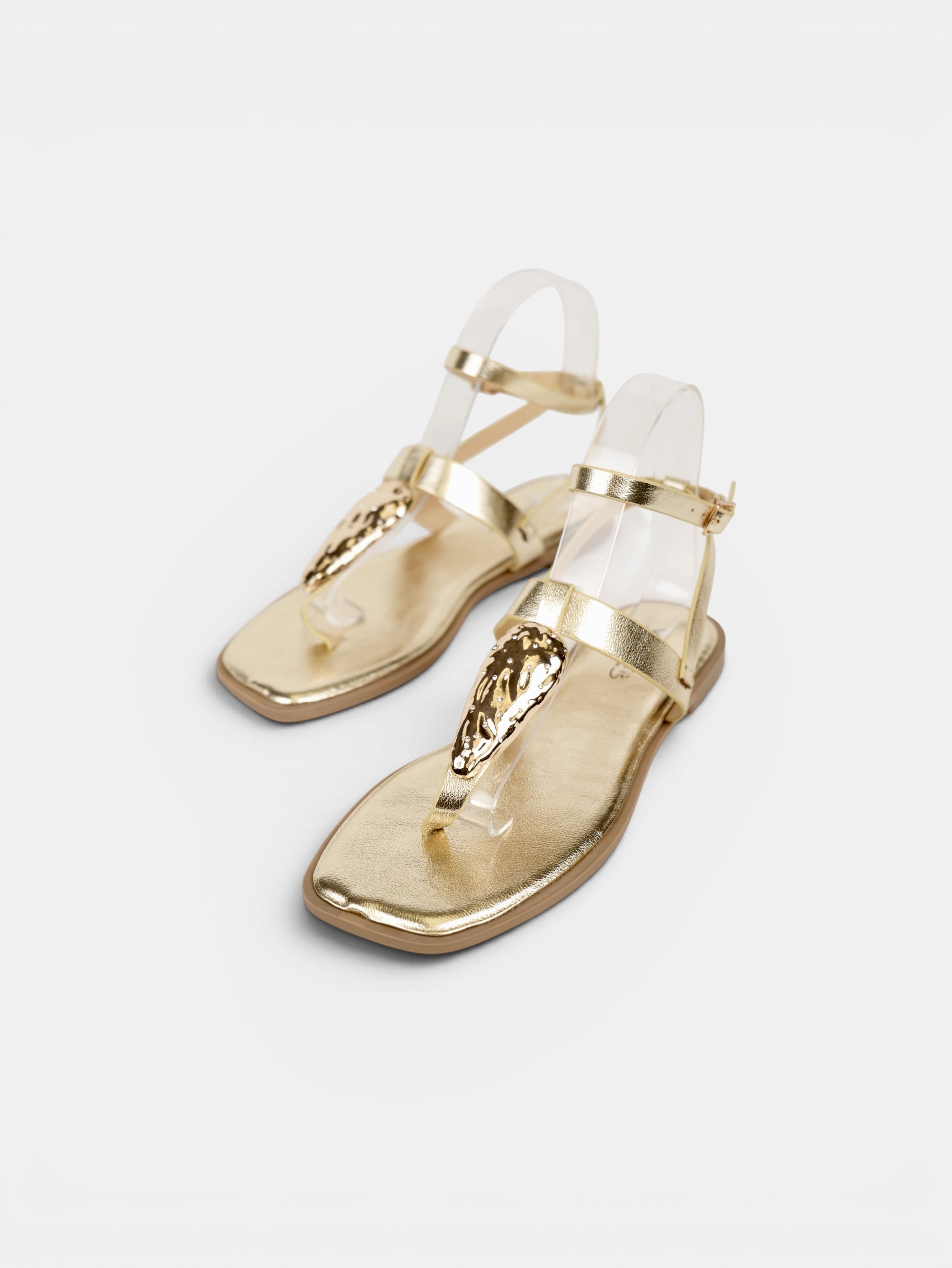 Sandalias Detalle Metálico Dorado con Separación para el Dedo, Sandalias Planas Mujer y Pulsera al Tobillo para Vestidos, Faldas, Shorts y Vaqueros