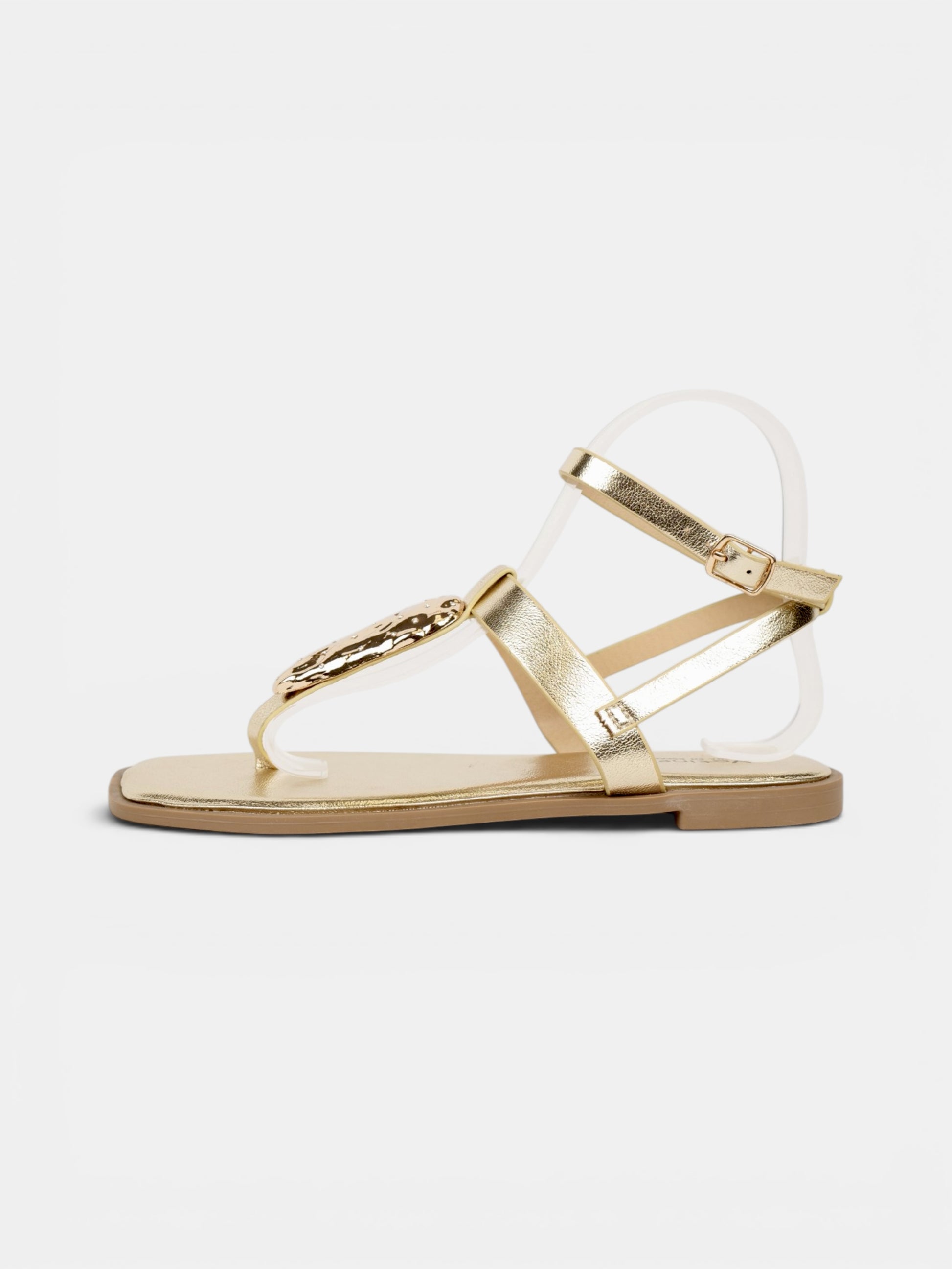 Sandalias Planas Mujer con Separación para el Dedo, Detalle Metálico Dorado y Pulsera al Tobillo para Vestidos, Faldas, Shorts y Vaqueros