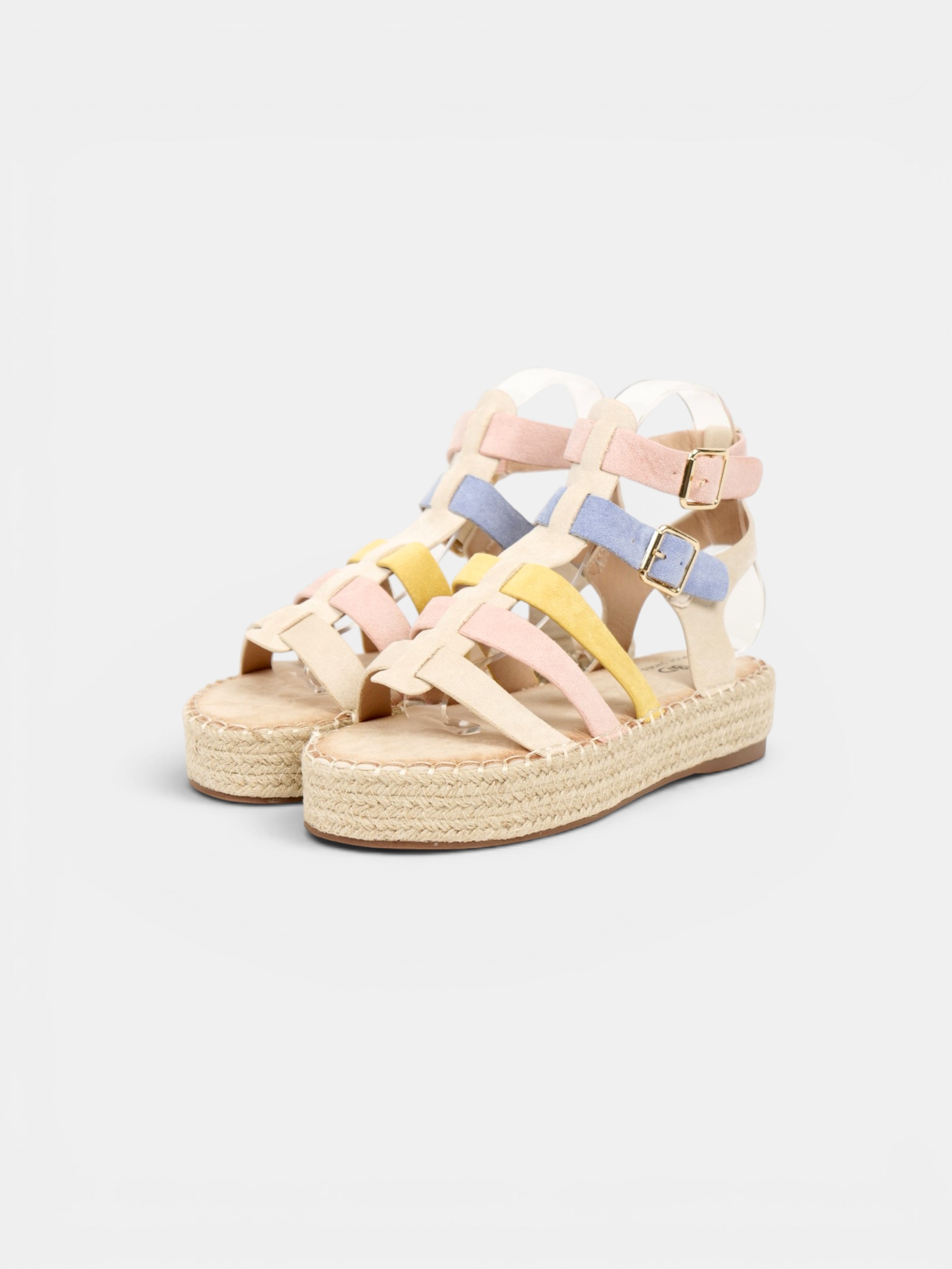 Sandalias romanas de plataforma para mujer con tiras multicolor, suela de esparto y hebillas ajustables para verano y vacaciones