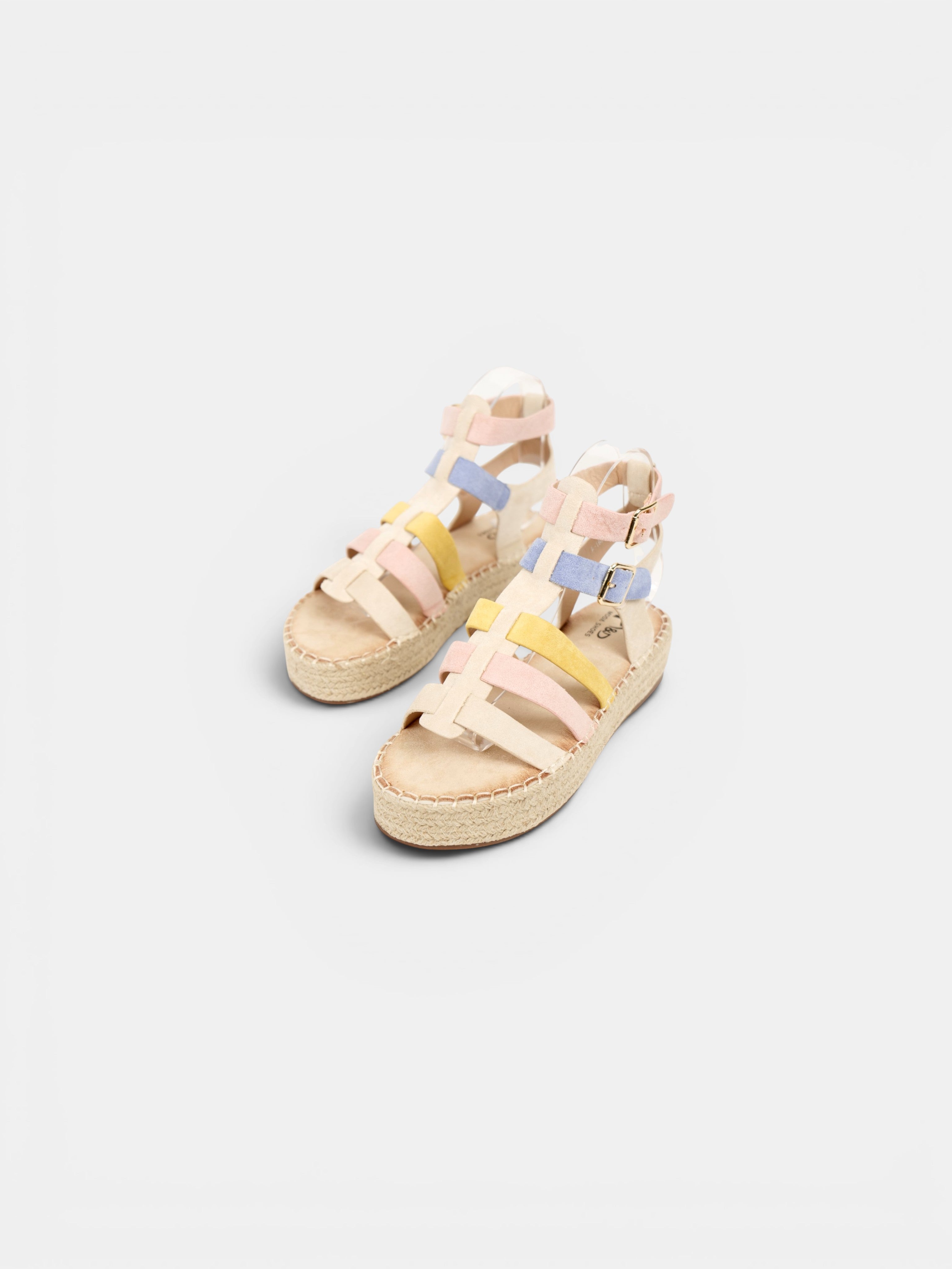 Sandalias romanas de plataforma para mujer con tiras multicolor, suela de esparto y hebillas ajustables para verano y vacaciones