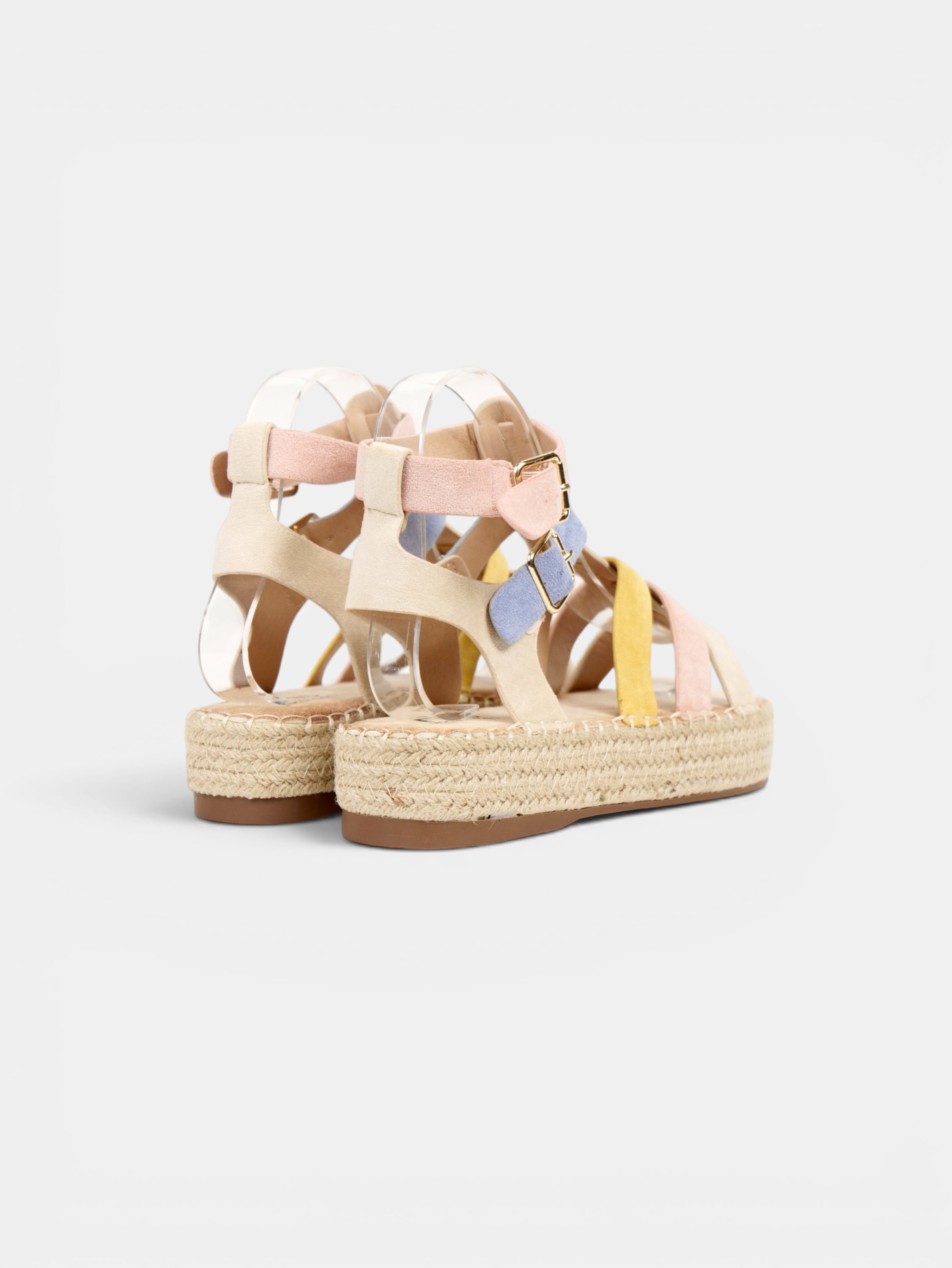 Sandalias romanas de plataforma para mujer con tiras multicolor, suela de esparto y hebillas ajustables para verano y vacaciones