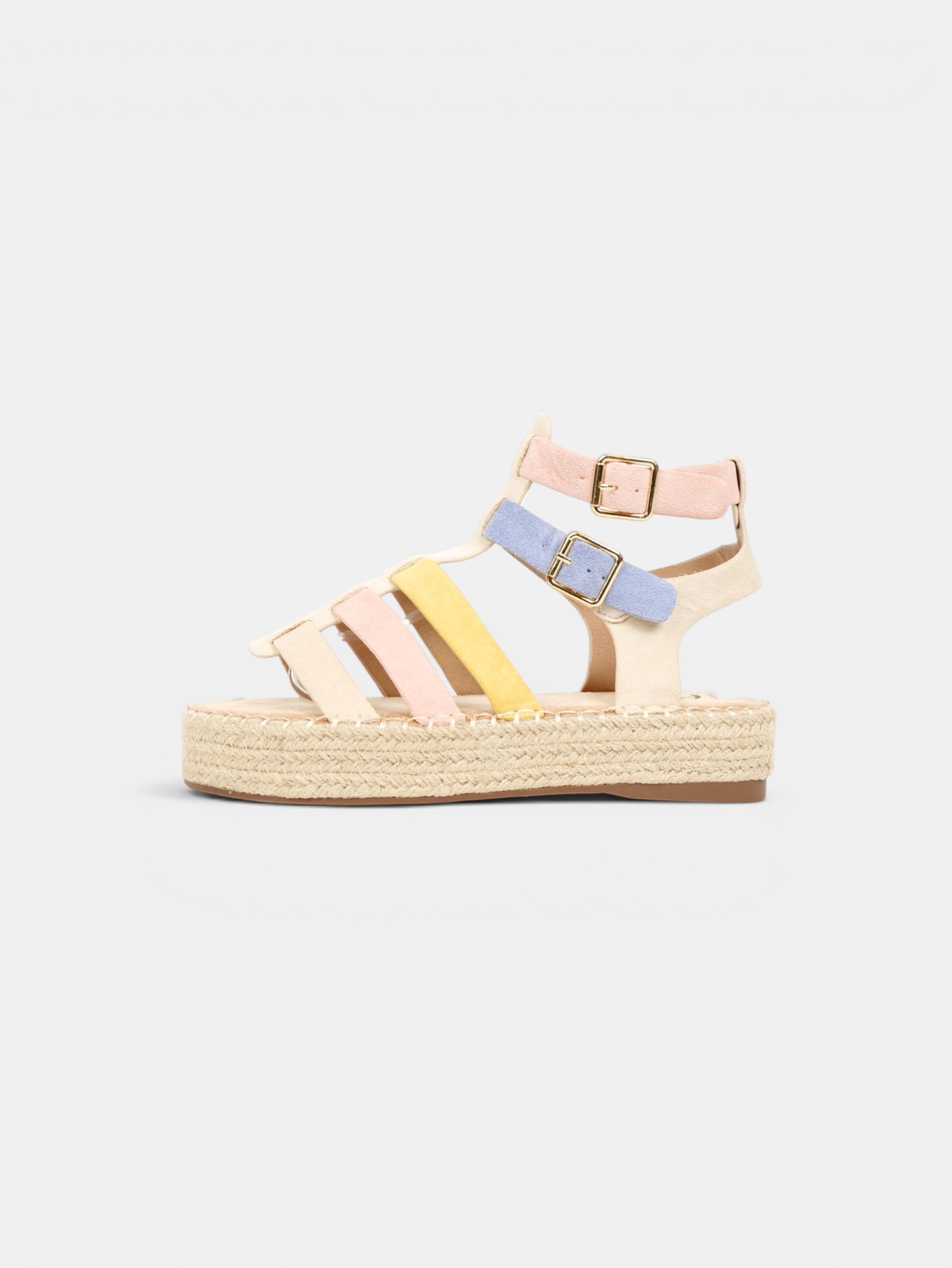 Sandalias romanas de plataforma para mujer con tiras multicolor, suela de esparto y hebillas ajustables para verano y vacaciones