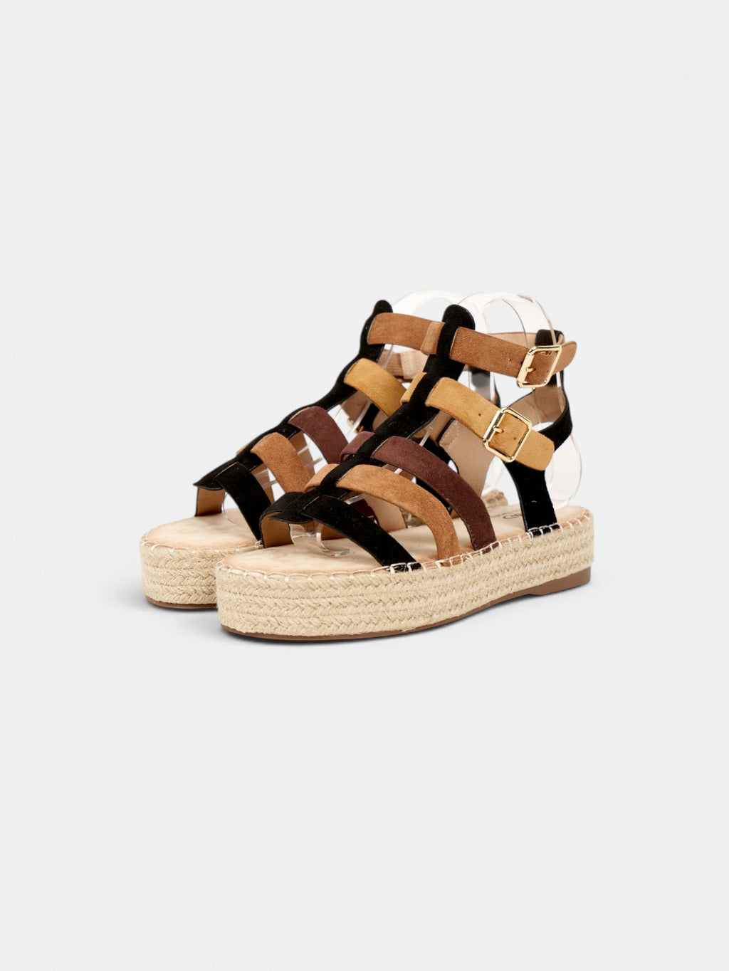 Sandalias romanas de plataforma para mujer con tiras multicolor, suela de esparto y hebillas ajustables para verano y vacaciones