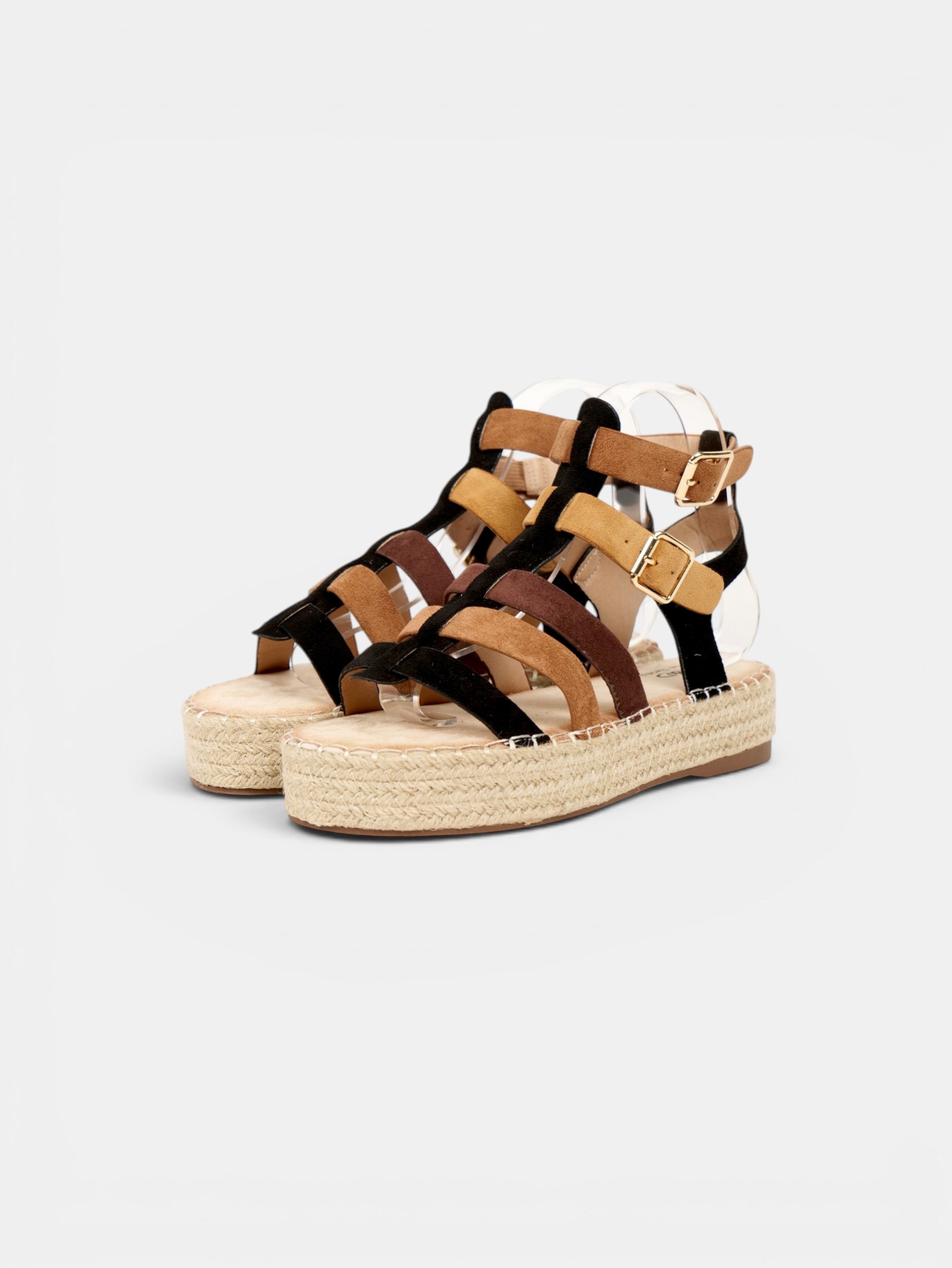 Sandalias romanas de plataforma para mujer con tiras multicolor, suela de esparto y hebillas ajustables para verano y vacaciones