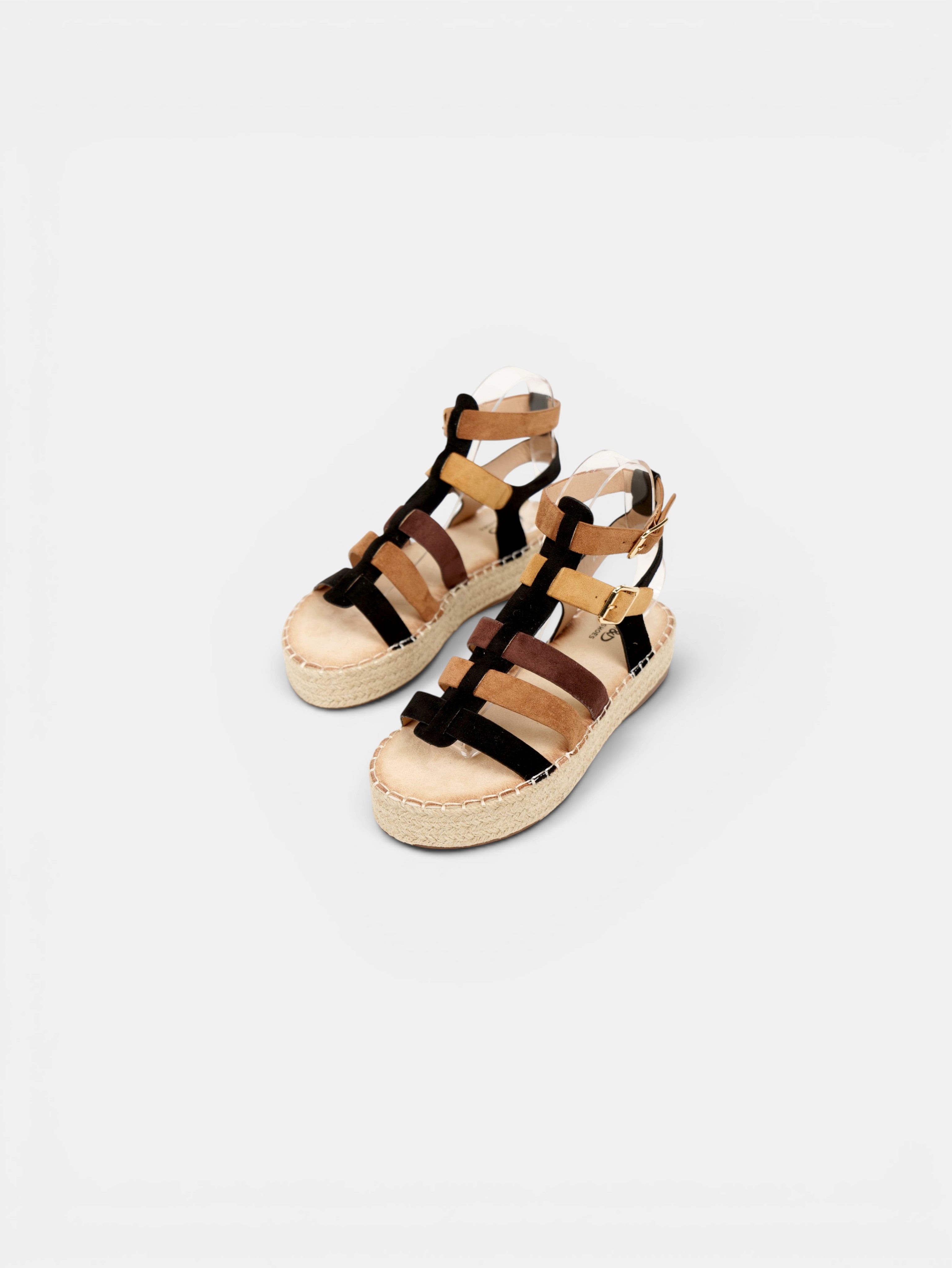 Sandalias romanas de plataforma para mujer con tiras multicolor, suela de esparto y hebillas ajustables para verano y vacaciones