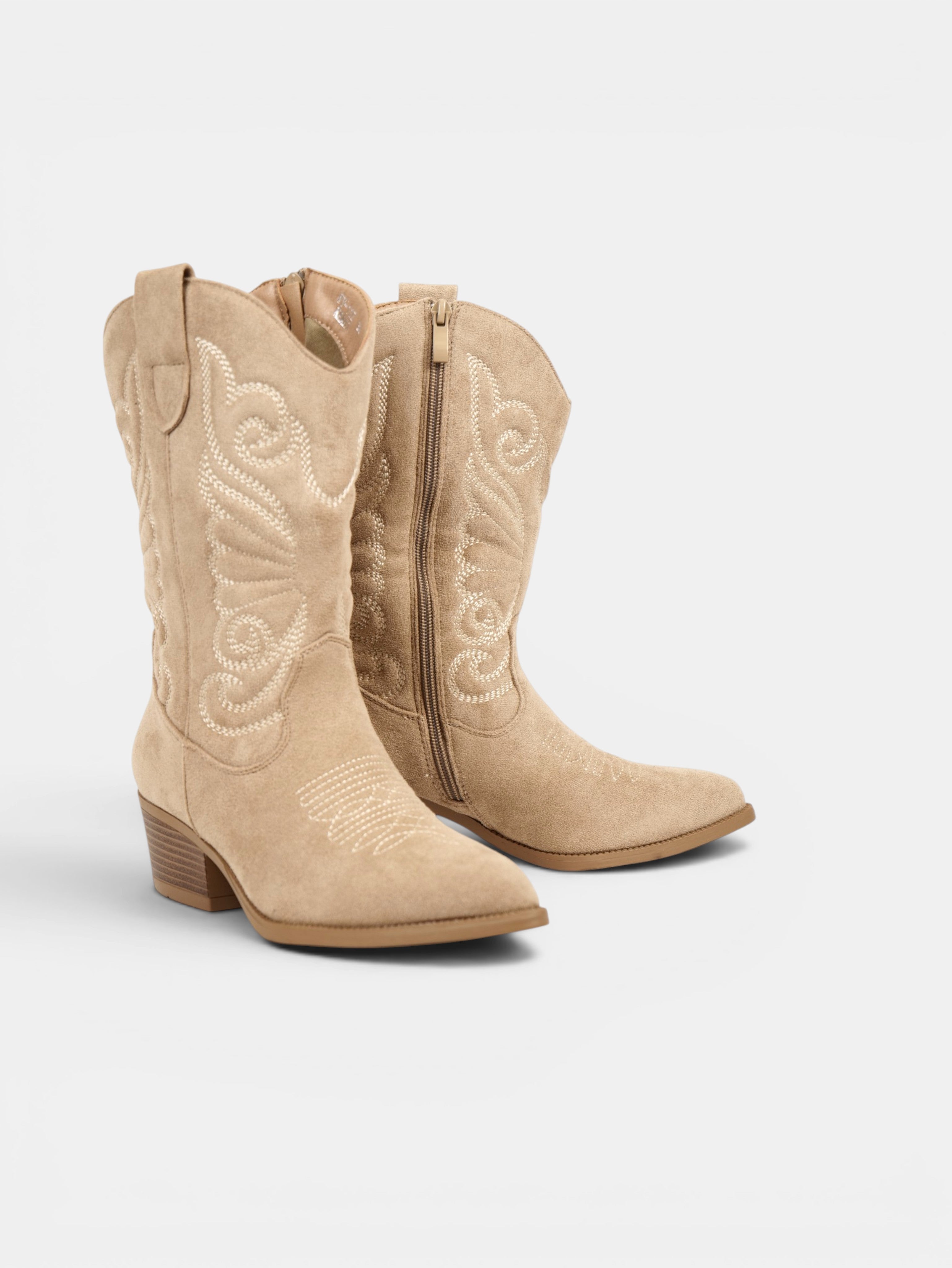 Botas cowboy de mujer bordadas en gamuza sintética con tacón medio, estilo western para otoño, invierno y looks casuales