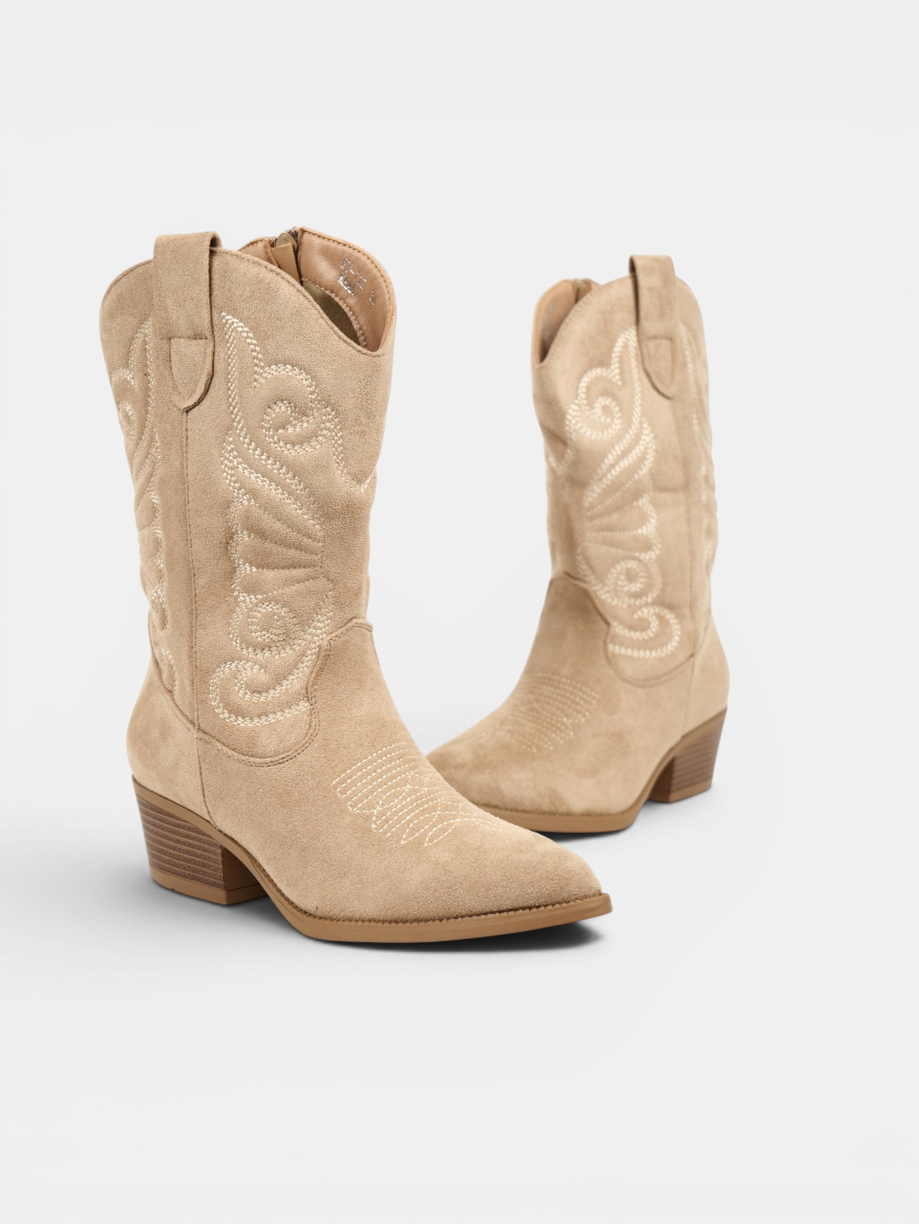 Botas cowboy de mujer bordadas en gamuza sintética con tacón medio, estilo western para otoño, invierno y looks casuales