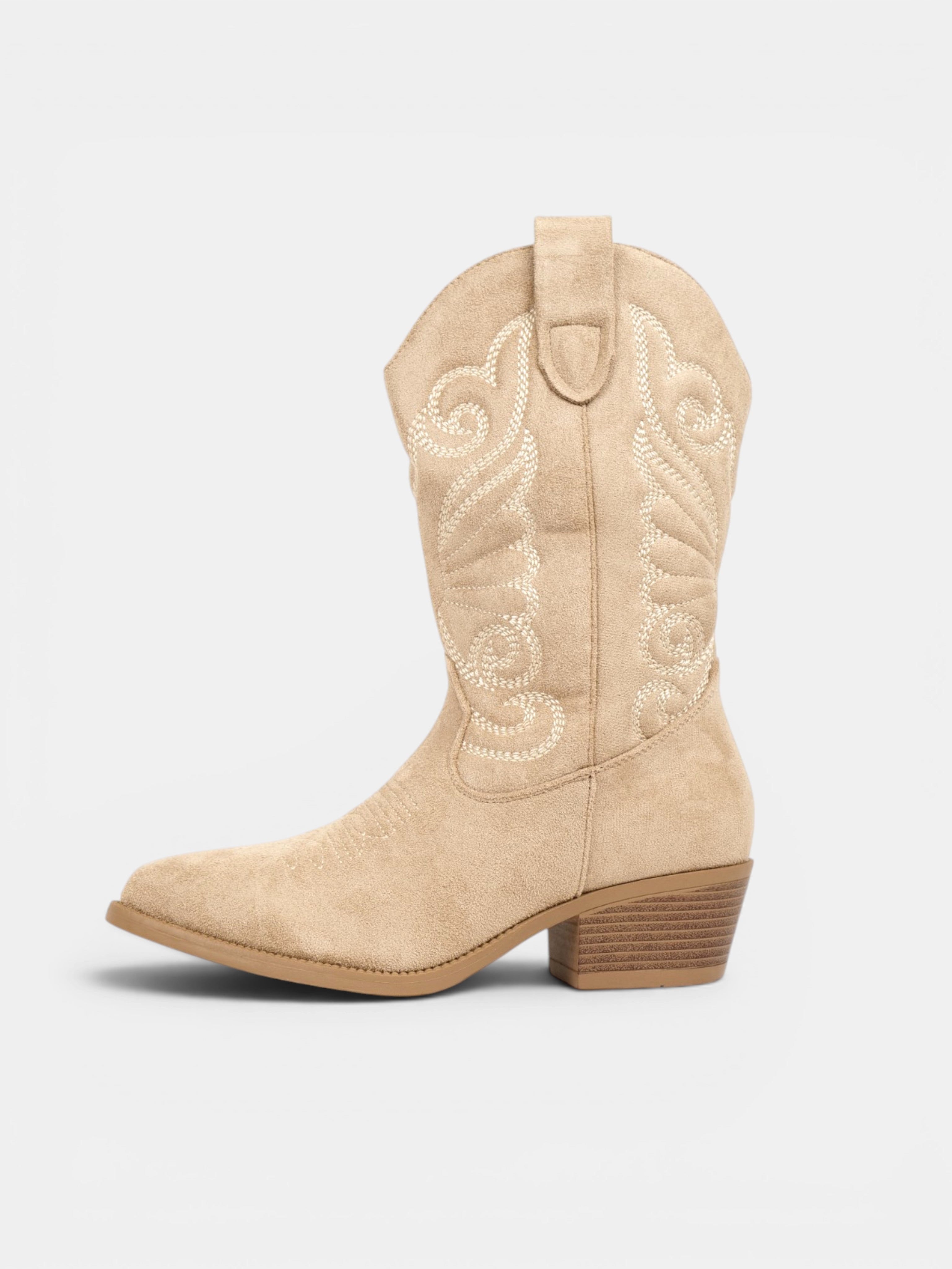 Botas cowboy de mujer bordadas en gamuza sintética con tacón medio, estilo western para otoño, invierno y looks casuales