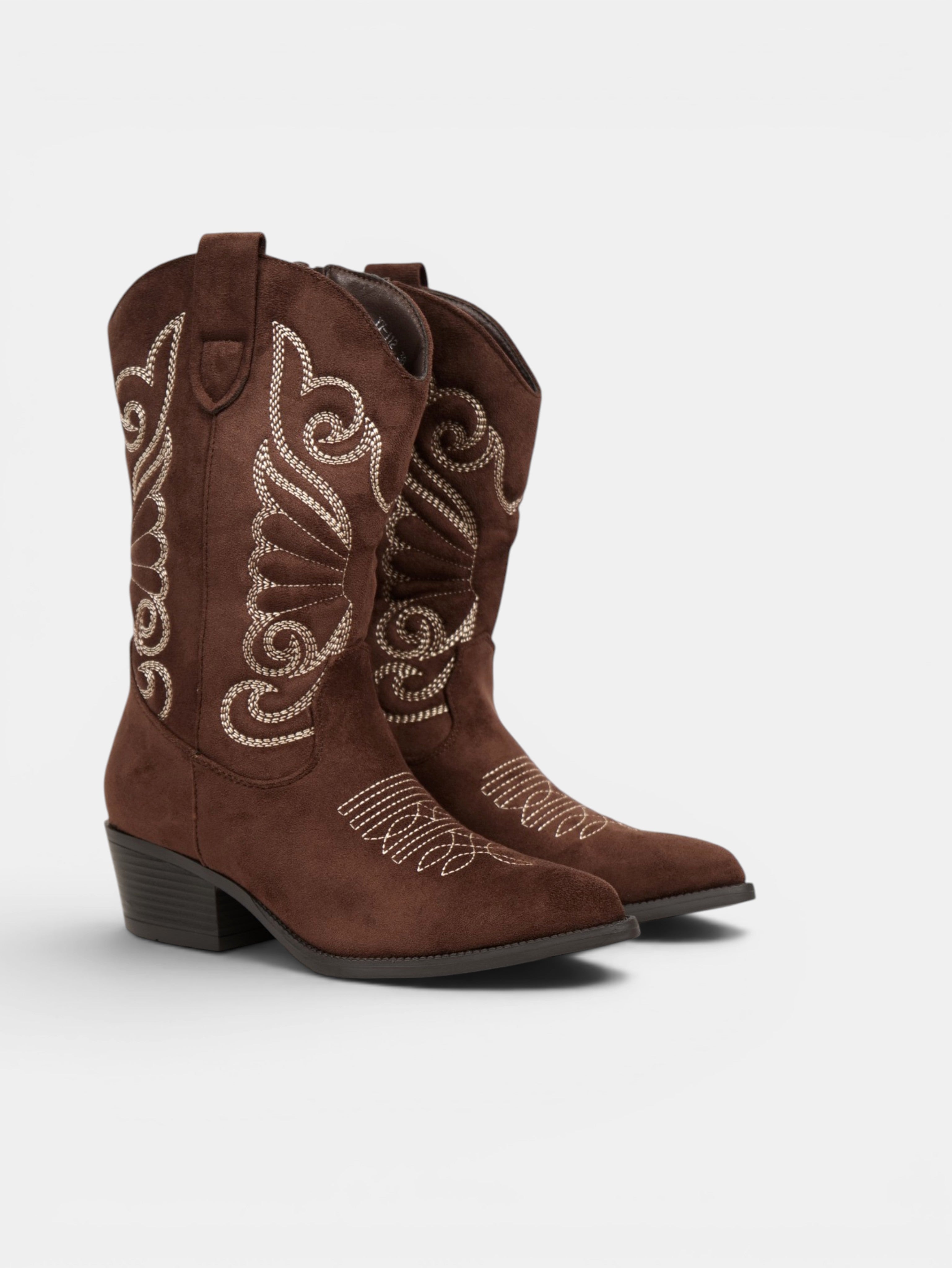Botas cowboy de mujer bordadas en gamuza sintética con tacón medio, estilo western para otoño, invierno y looks casuales