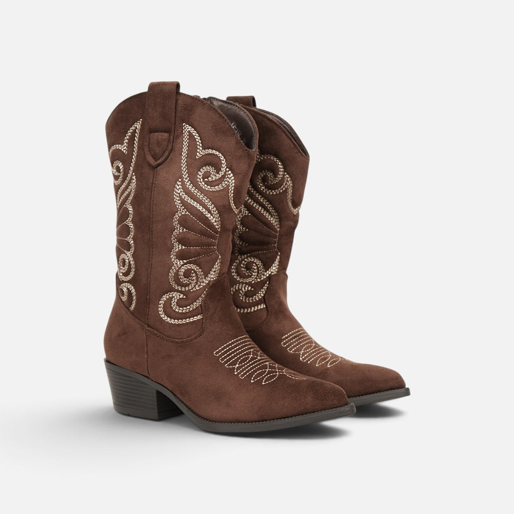 Botas cowboy de mujer bordadas en gamuza sintética con tacón medio, estilo western para otoño, invierno y looks casuales