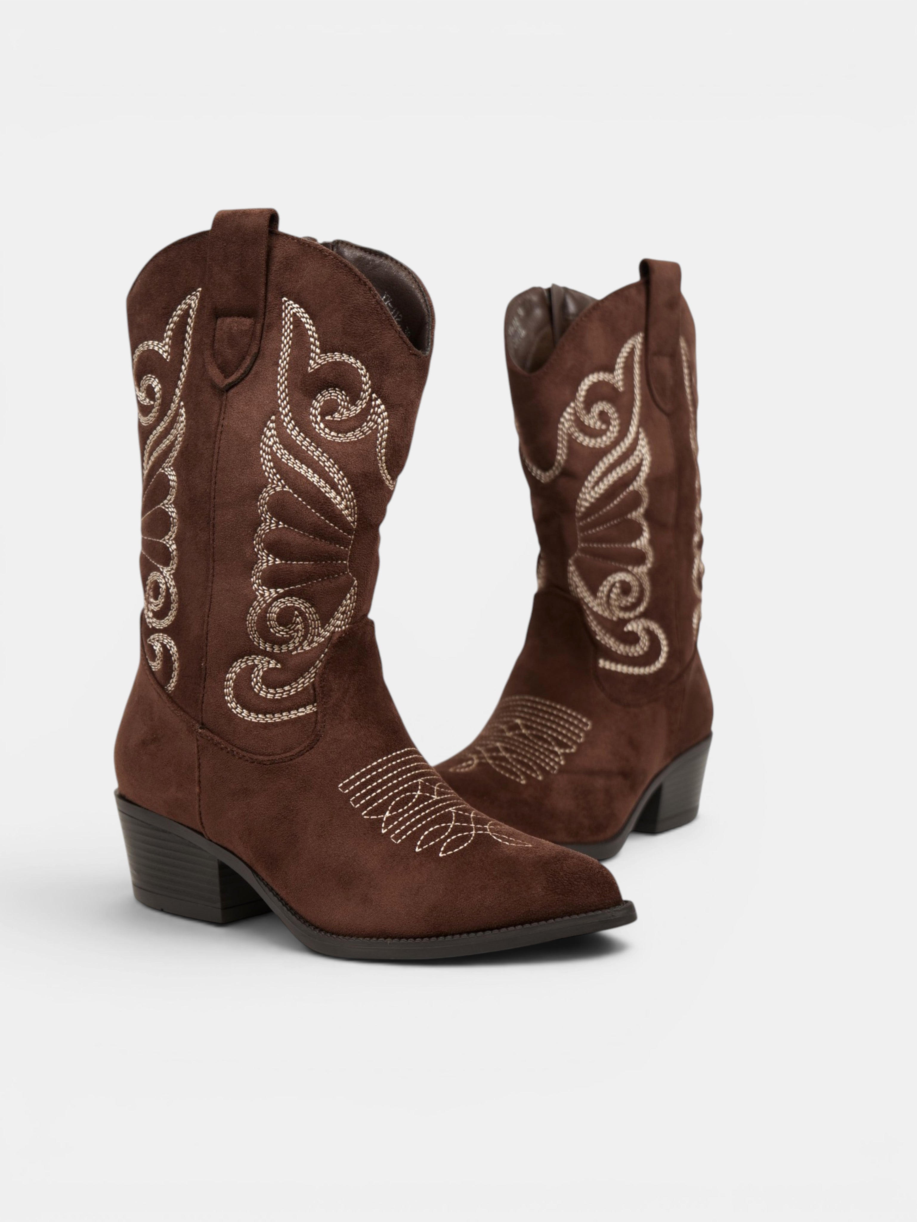 Botas cowboy de mujer bordadas en gamuza sintética con tacón medio, estilo western para otoño, invierno y looks casuales