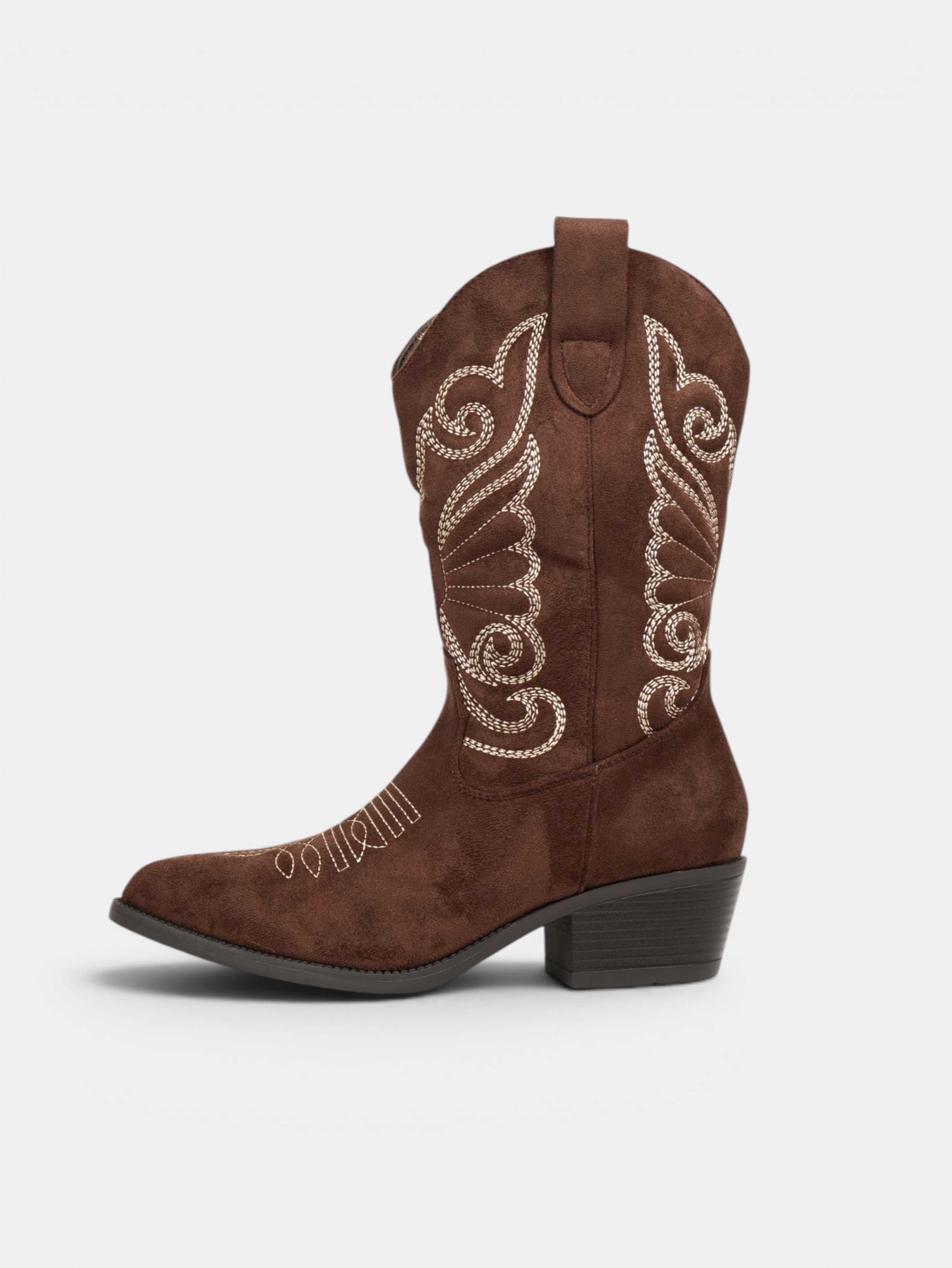 Botas cowboy de mujer bordadas en gamuza sintética con tacón medio, estilo western para otoño, invierno y looks casuales