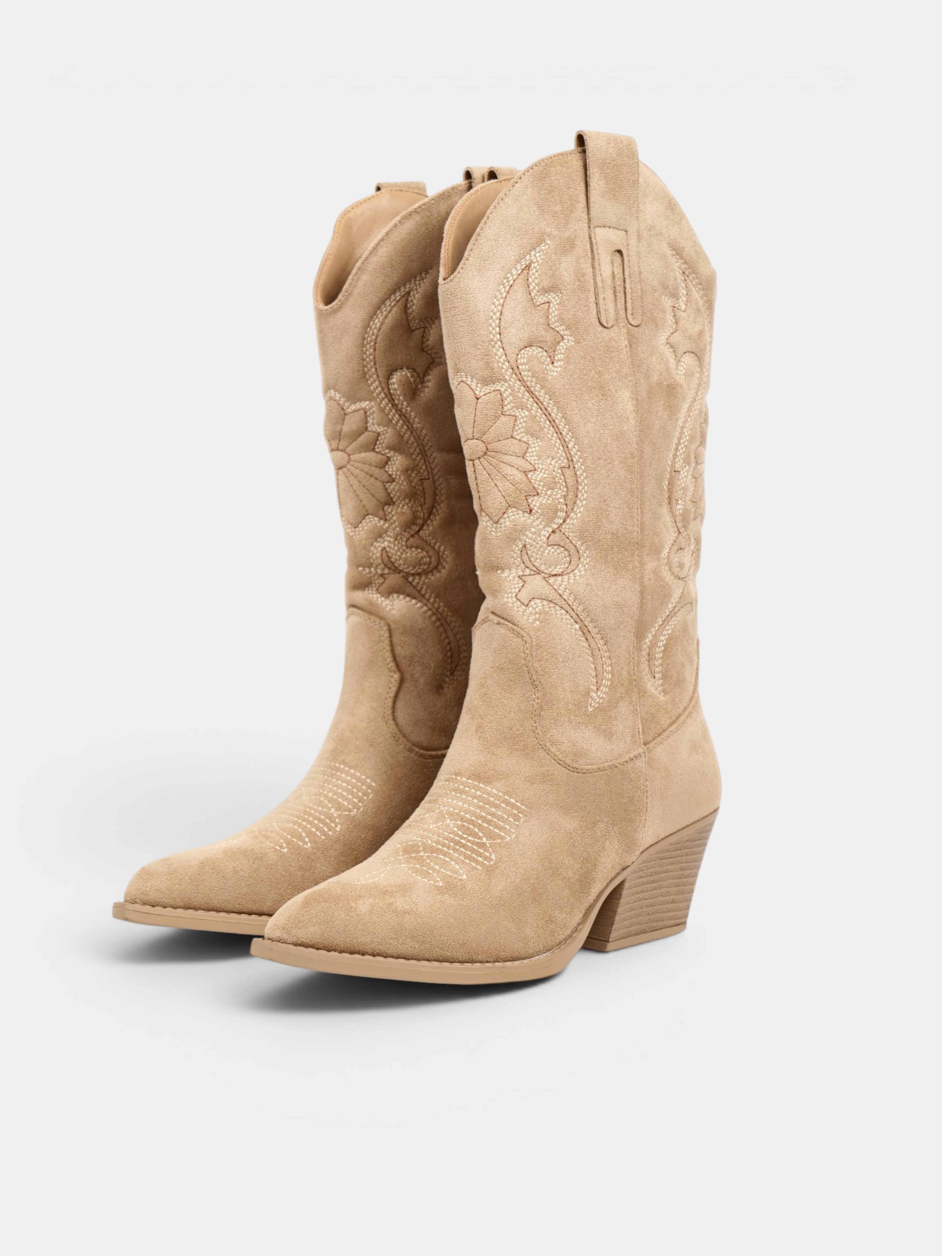 Botas cowboy de mujer con bordado floral en gamuza sintética, caña alta y tacón medio para otoño, invierno y looks casuales