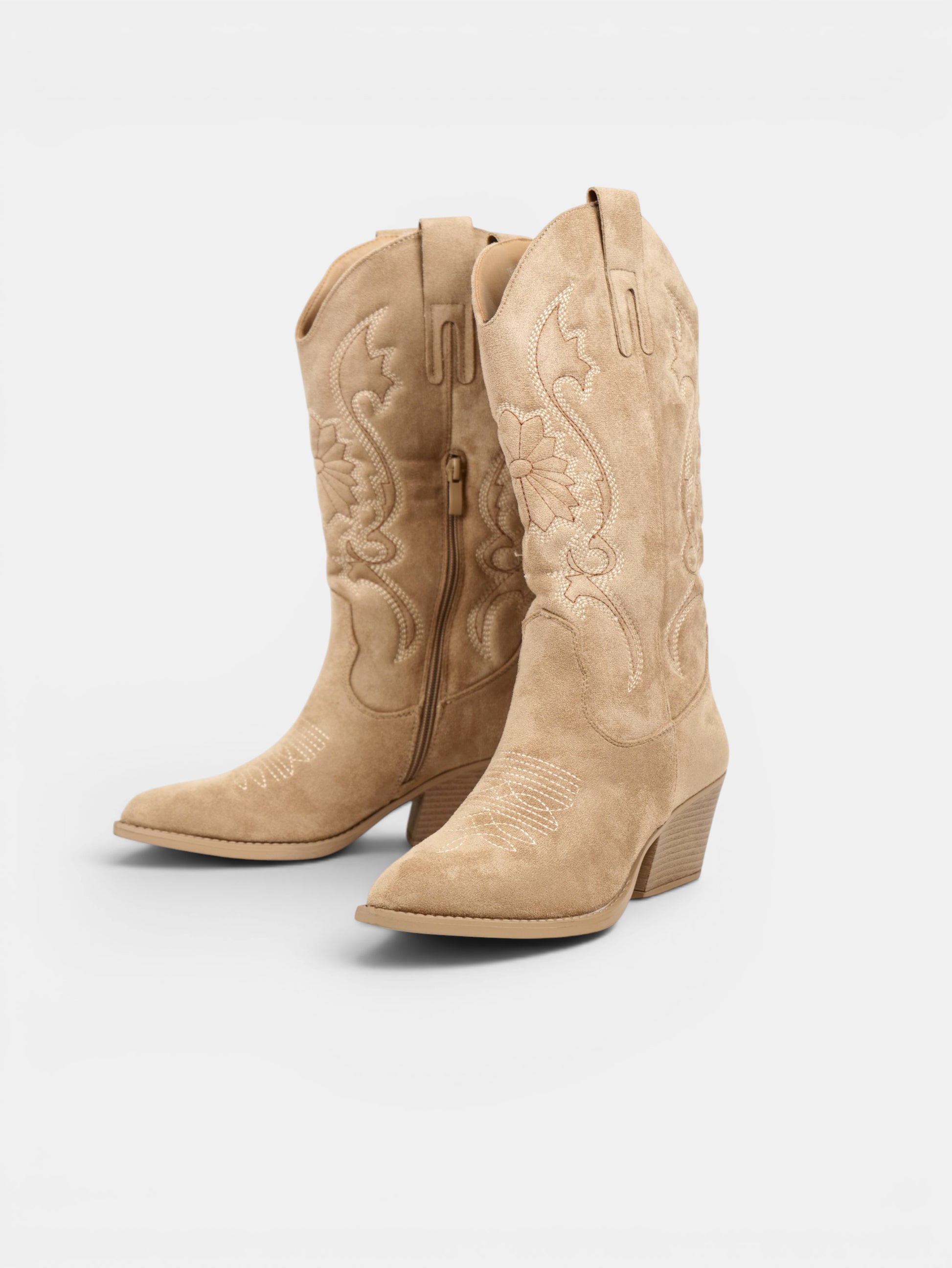 Botas cowboy de mujer con bordado floral en gamuza sintética, caña alta y tacón medio para otoño, invierno y looks casuales