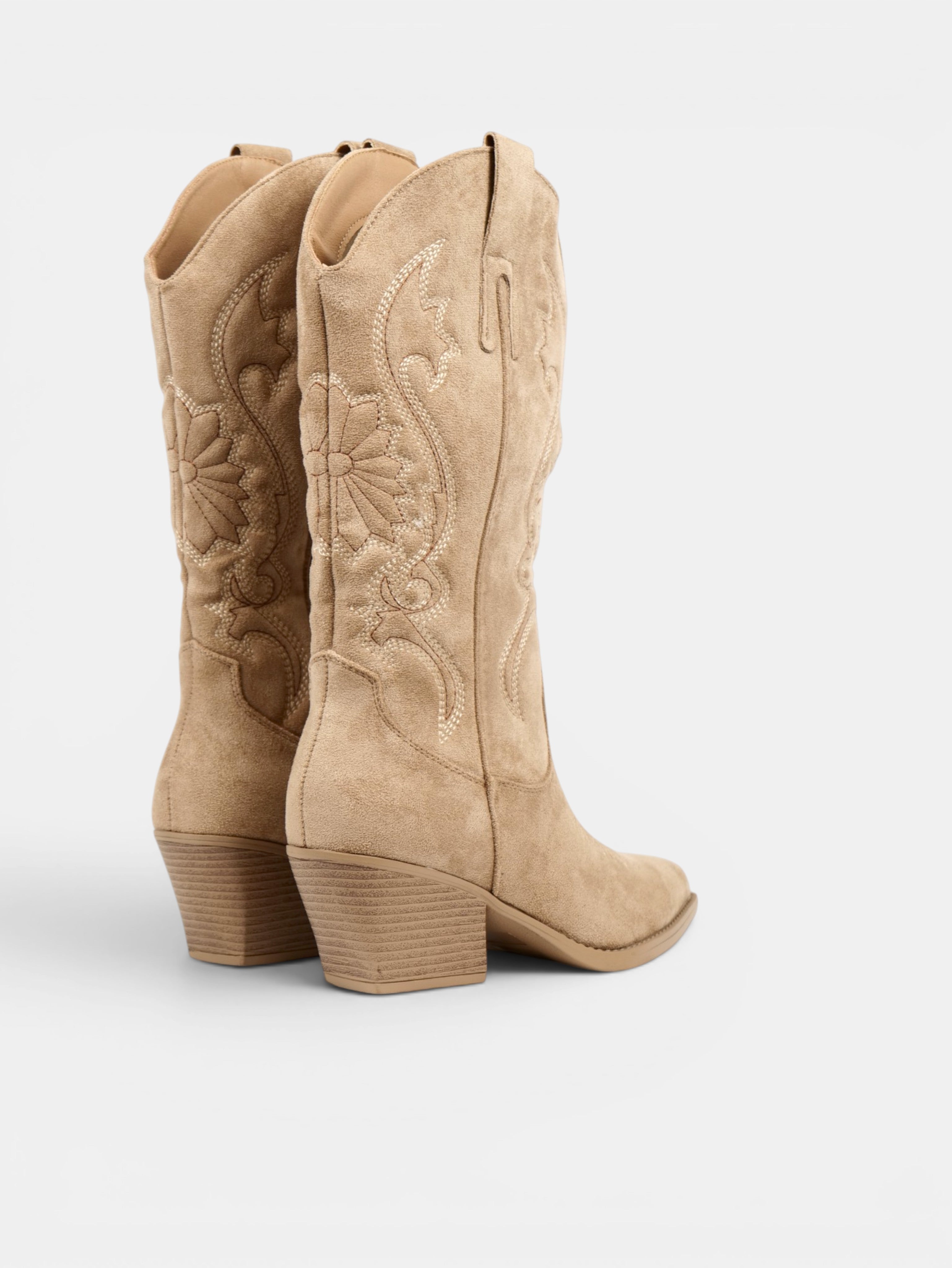 Botas cowboy de mujer con bordado floral en gamuza sintética, caña alta y tacón medio para otoño, invierno y looks casuales
