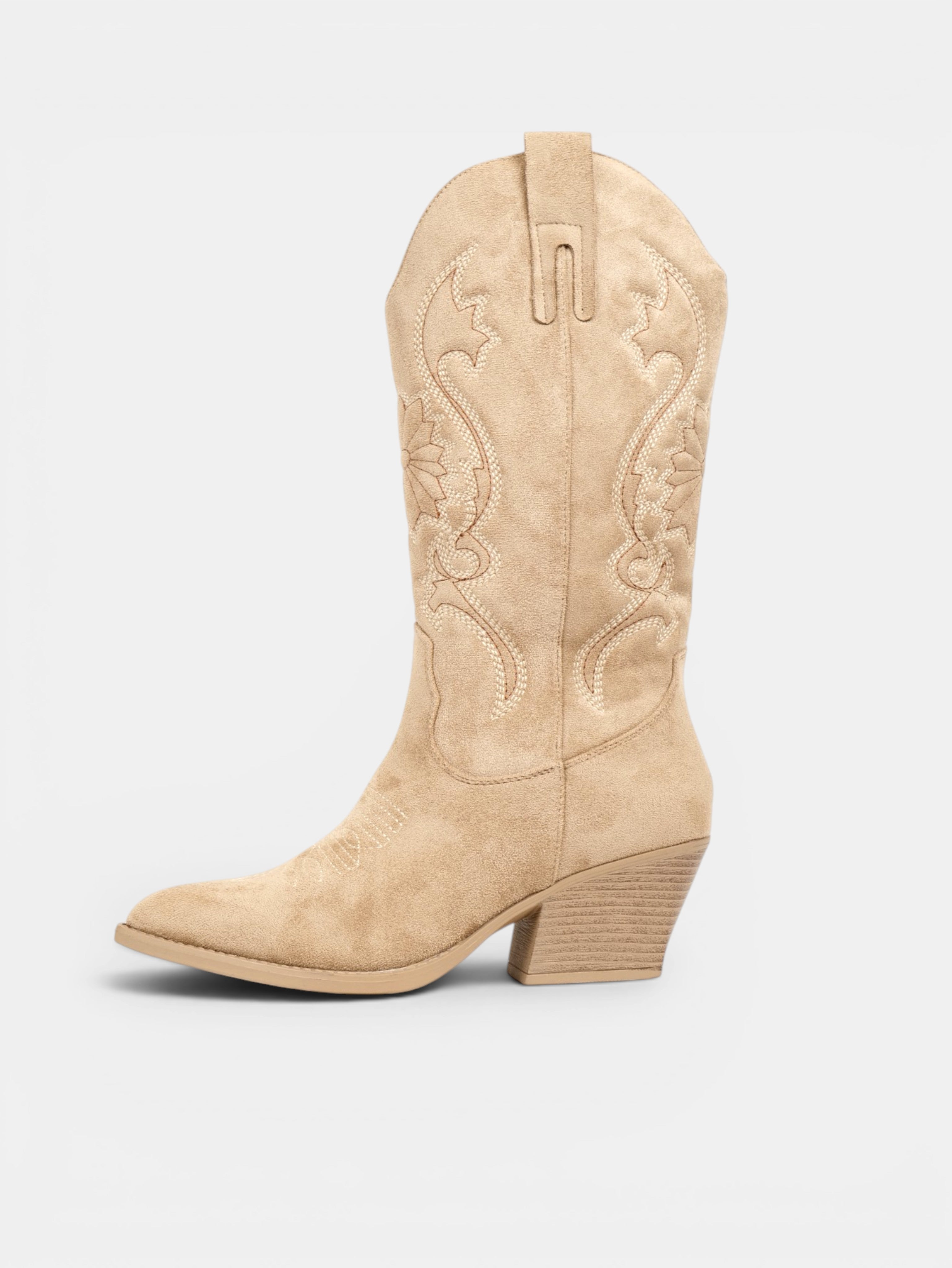 Botas cowboy de mujer con bordado floral en gamuza sintética, caña alta y tacón medio para otoño, invierno y looks casuales