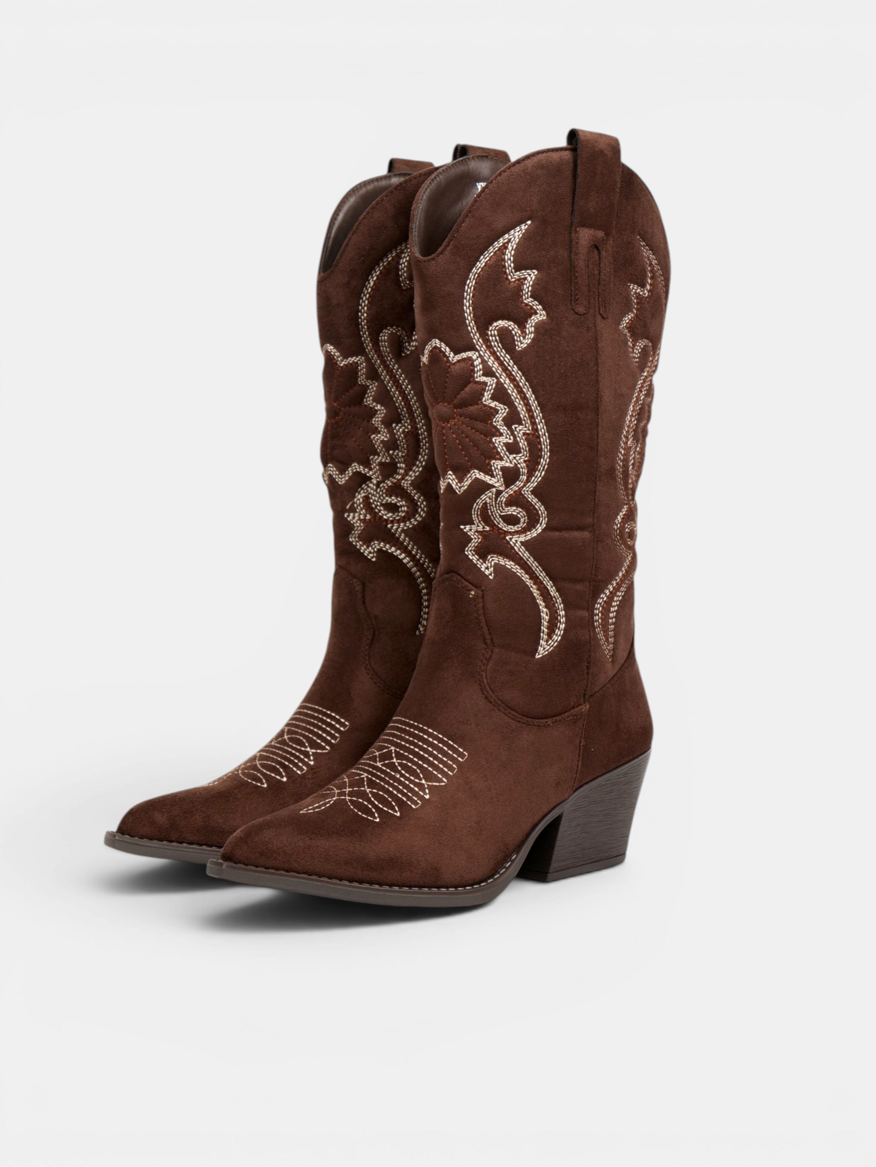 Botas cowboy de mujer con bordado floral en gamuza sintética, caña alta y tacón medio para otoño, invierno y looks casuales