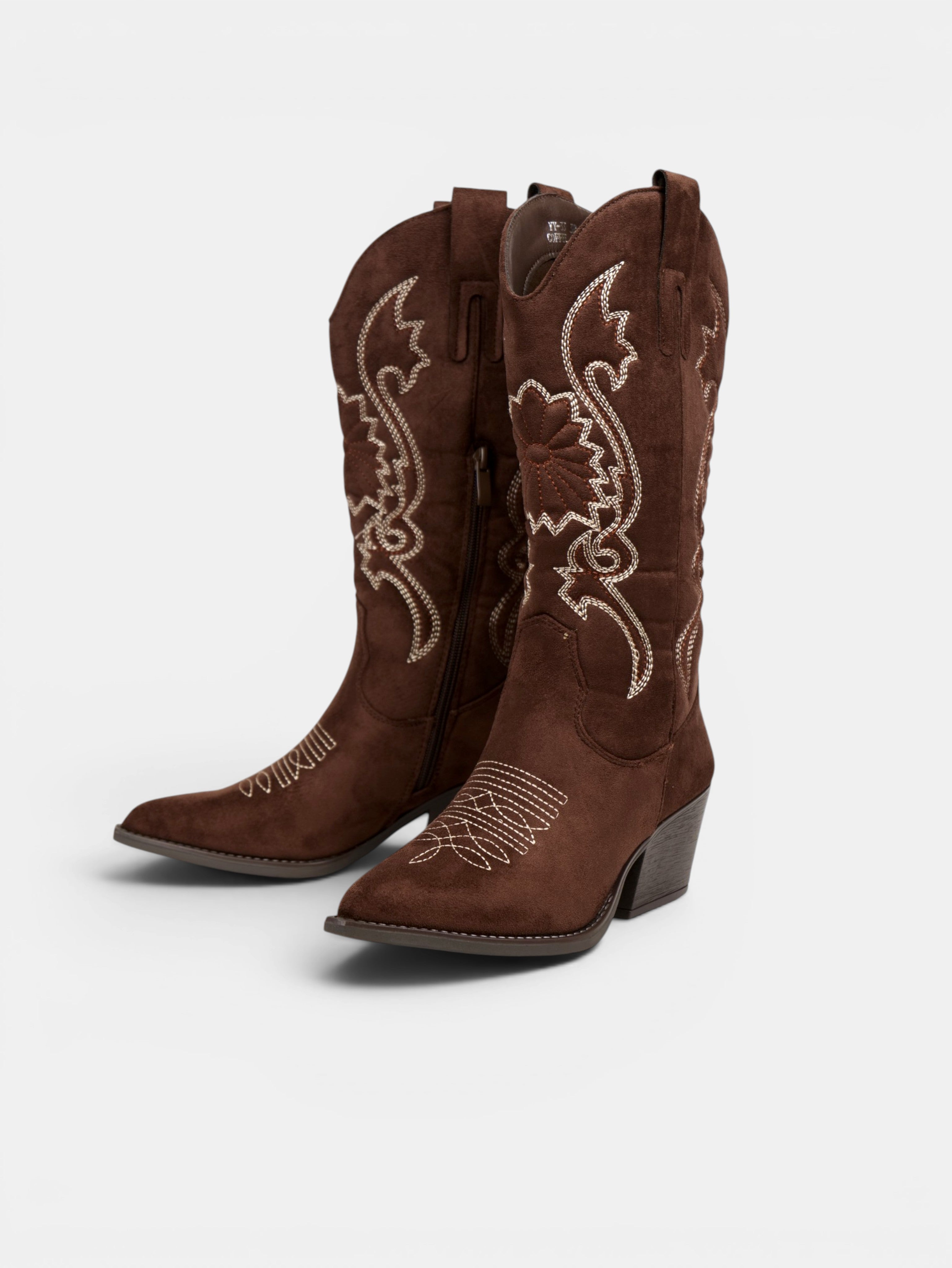 Botas cowboy de mujer con bordado floral en gamuza sintética, caña alta y tacón medio para otoño, invierno y looks casuales